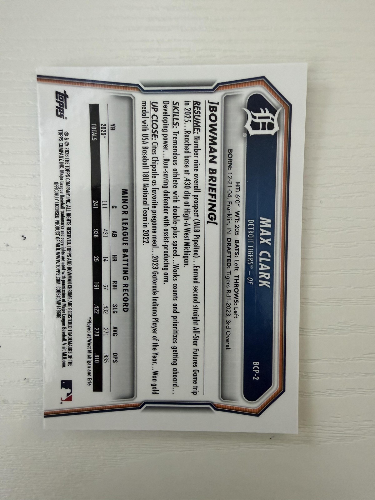 2026 Bowman #BCP-2 Max Clark Chrome Prospects Mojo Refractor