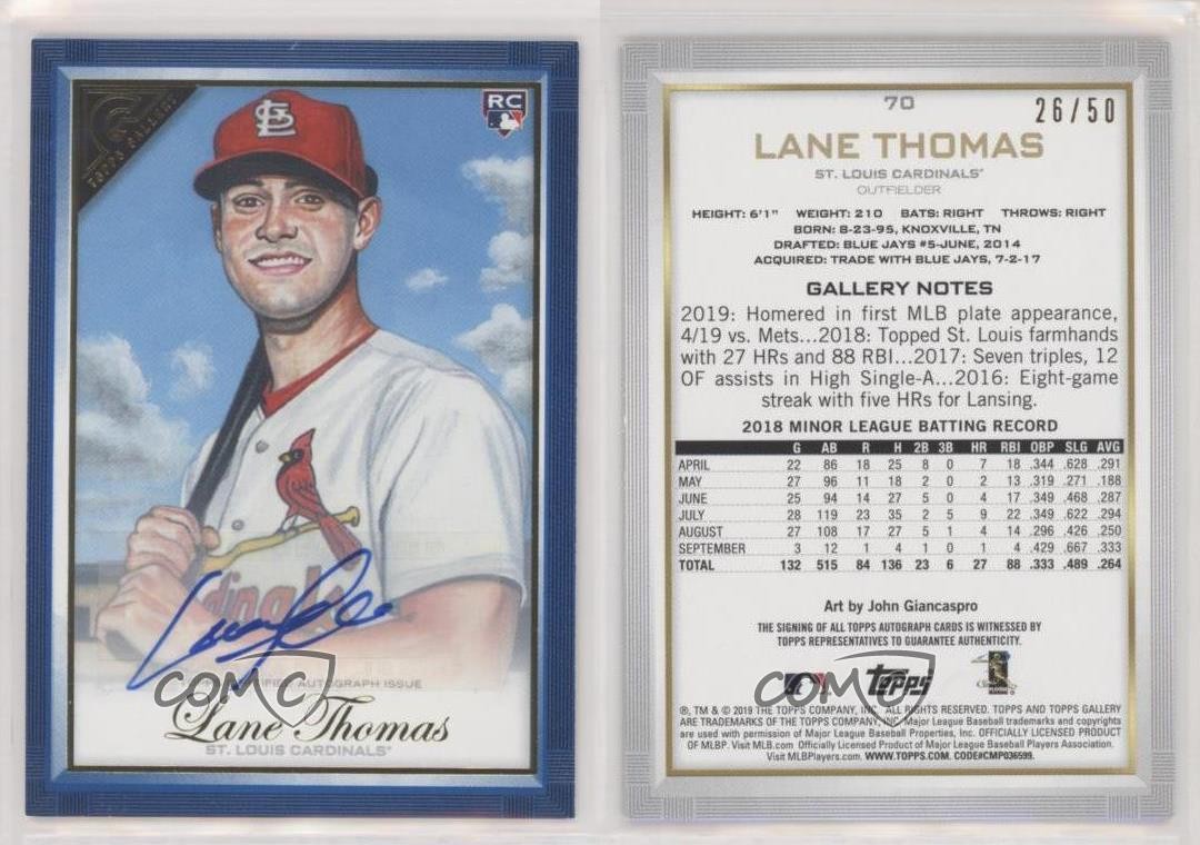 2019 Topps Gallery Blue Auto 26/50 Lane Thomas #70 Rookie Auto RC r7d