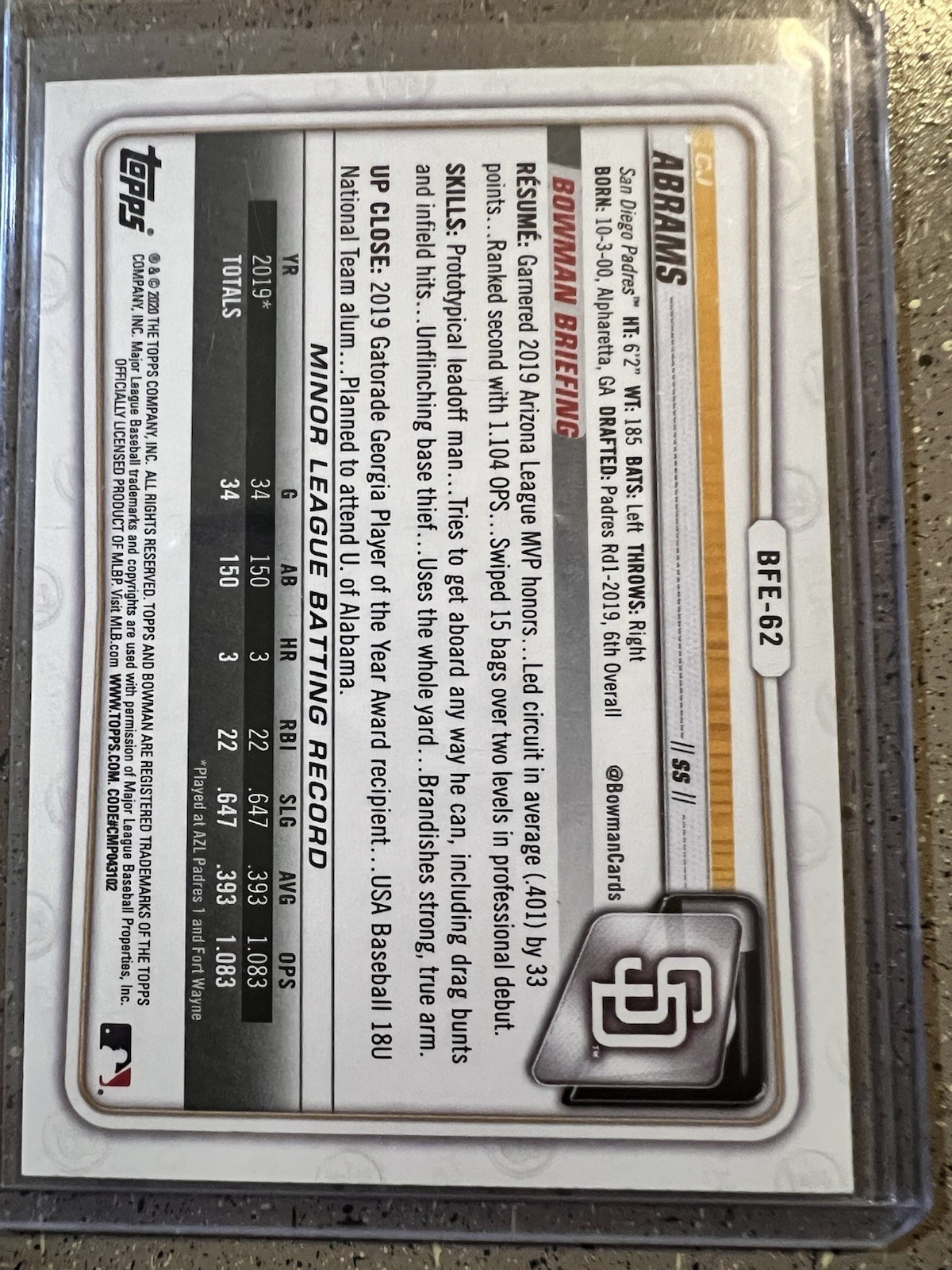 2020 Bowman 1st Edition – C.J. Abrams #BFE-62 Blue Foil /150 (RC)