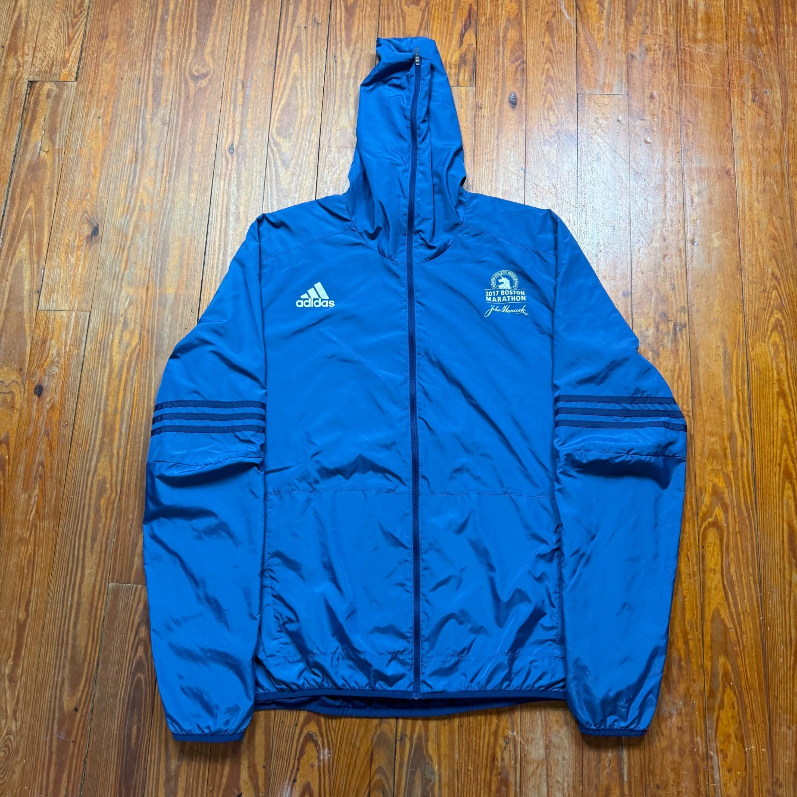 Boston Marathon 2017 Hooded Jacket Mens XL Blue John Hancock Adidas Climaproof