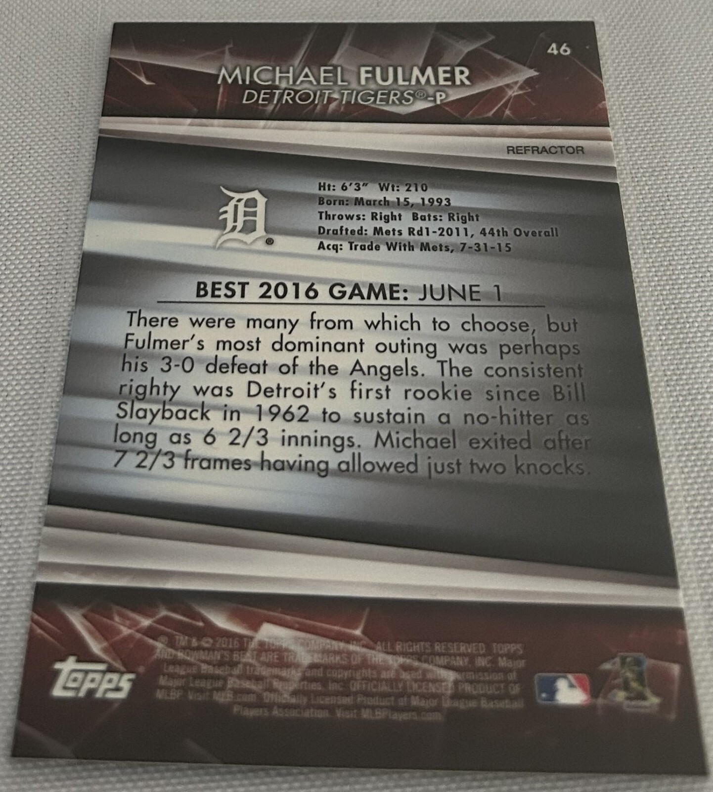 2016 Bowman’s Best Baseball Michael Fulmer Detroit Tigers Refractor Rookie #46