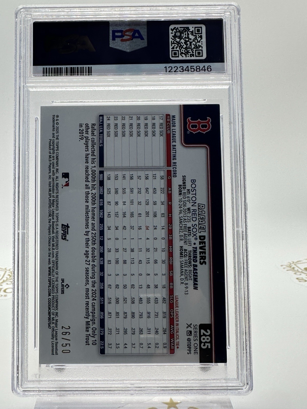 2025 Topps Series 1 Rafael Devers #285 Flowers /50 Boston Red Sox PSA 8 POP 1