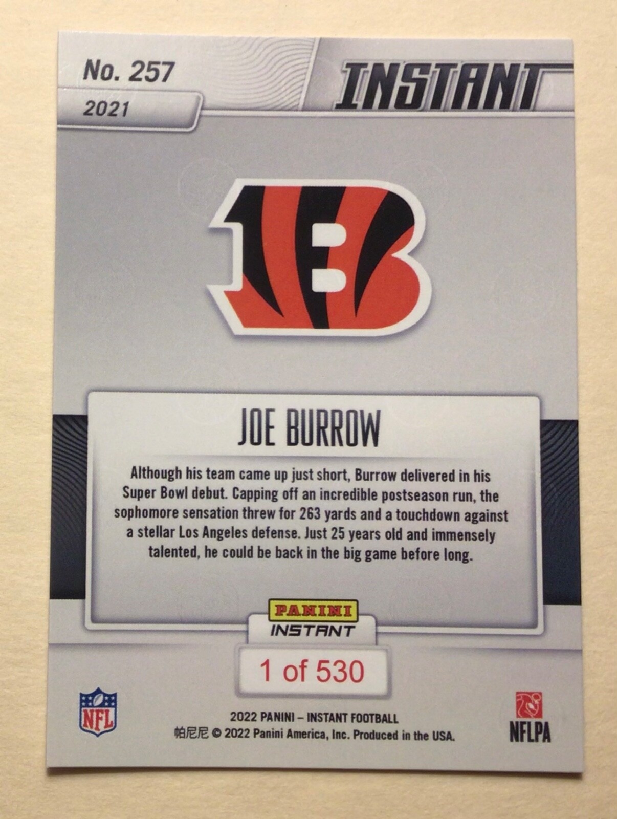 2021 2022 Panini NFL Instant Joe Burrow #257 Throws for 263 in SB Bengals PR 530