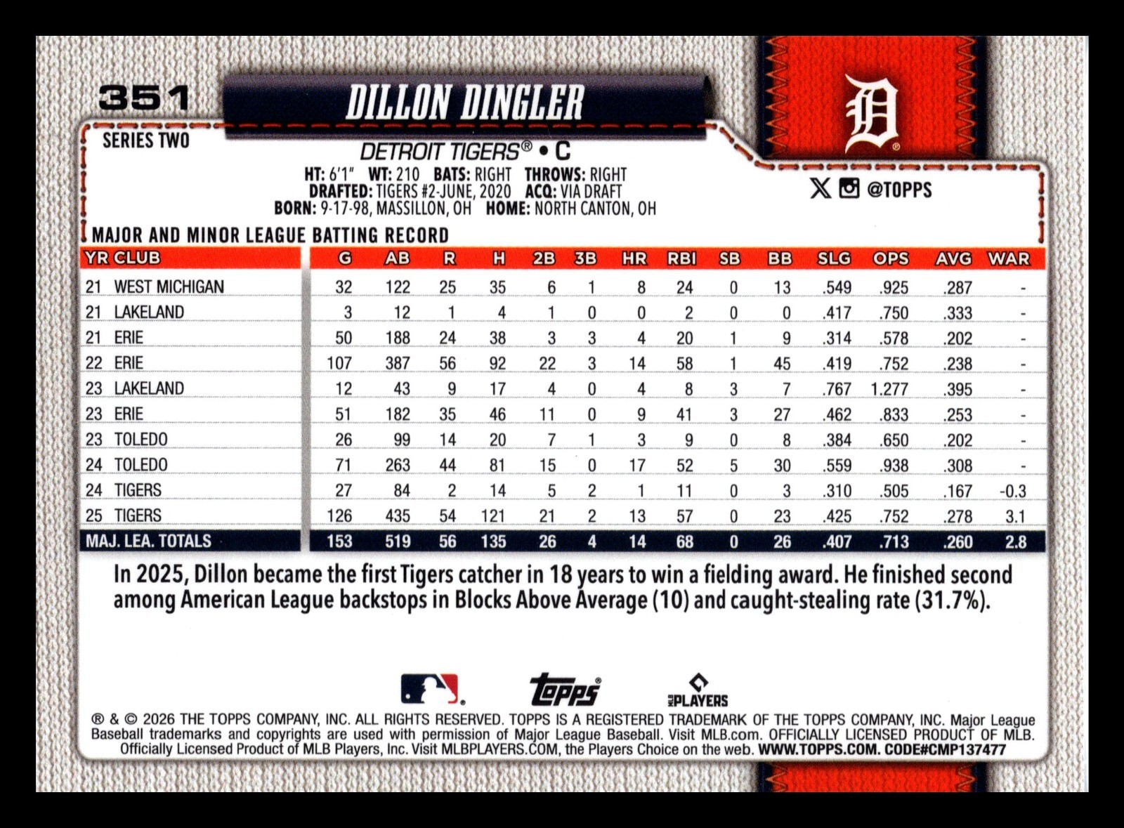 Dillon Dingler 2026 Topps Series 2 #351 Detroit Tigers