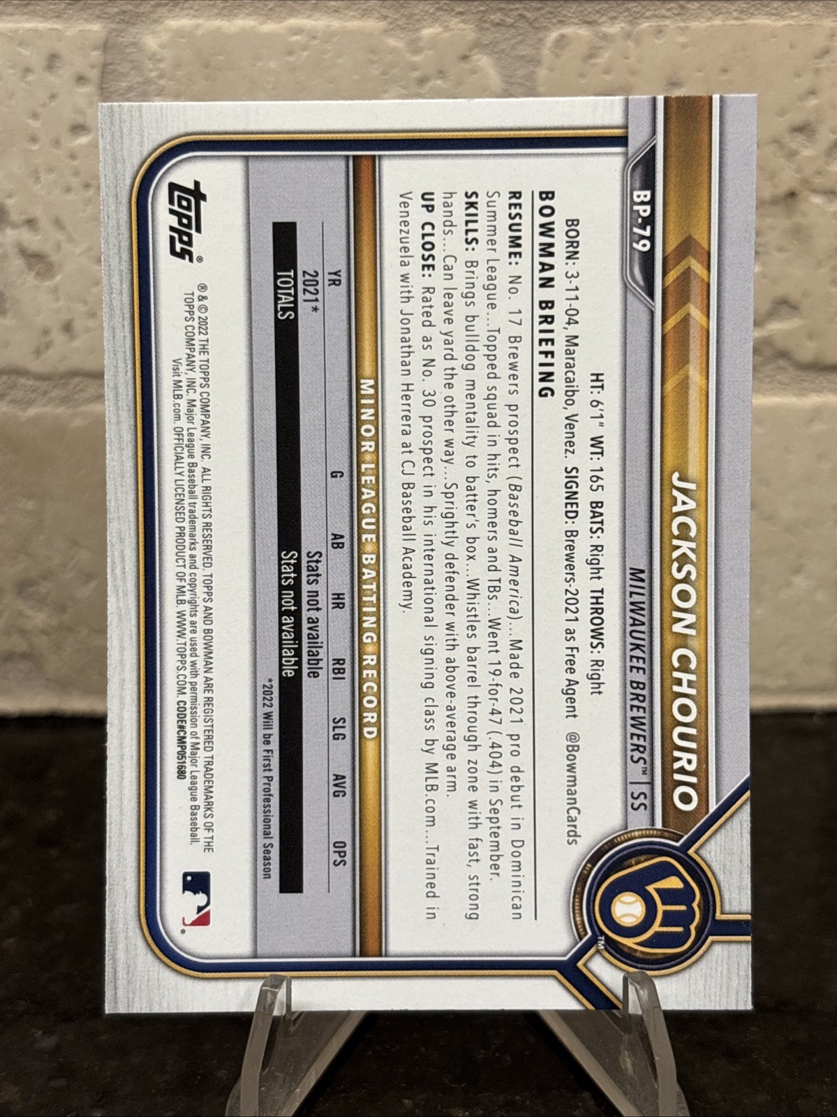 2022 Topps Bowman 1st Prospects Jackson Chourio #BP-79 Milwaukee Brewers