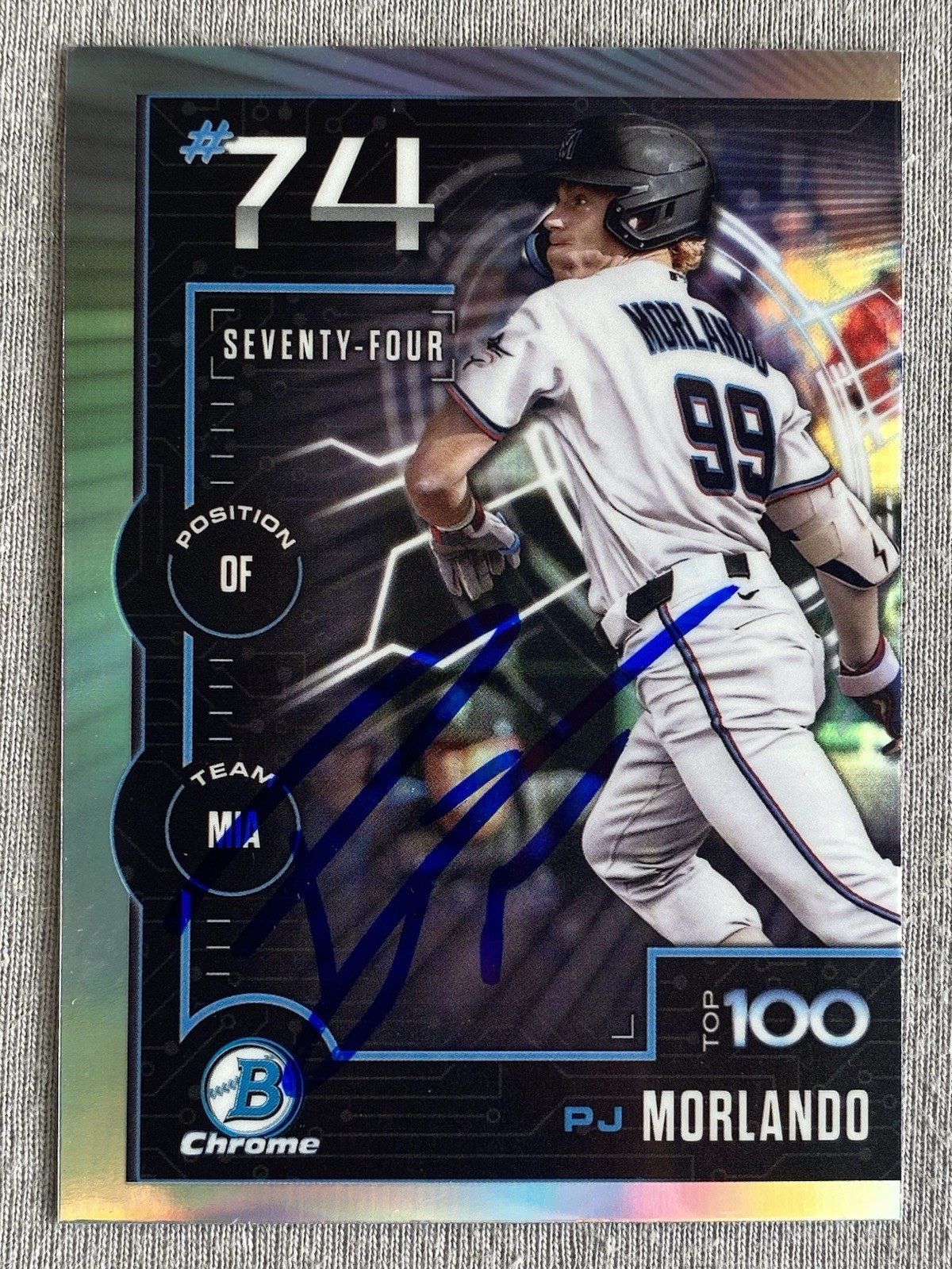 MIAMI MARLINS- PJ MORLANDO AUTOGRAPH 2025 BOWMAN CHROME TOP 100 PROSPECT #BTP-74