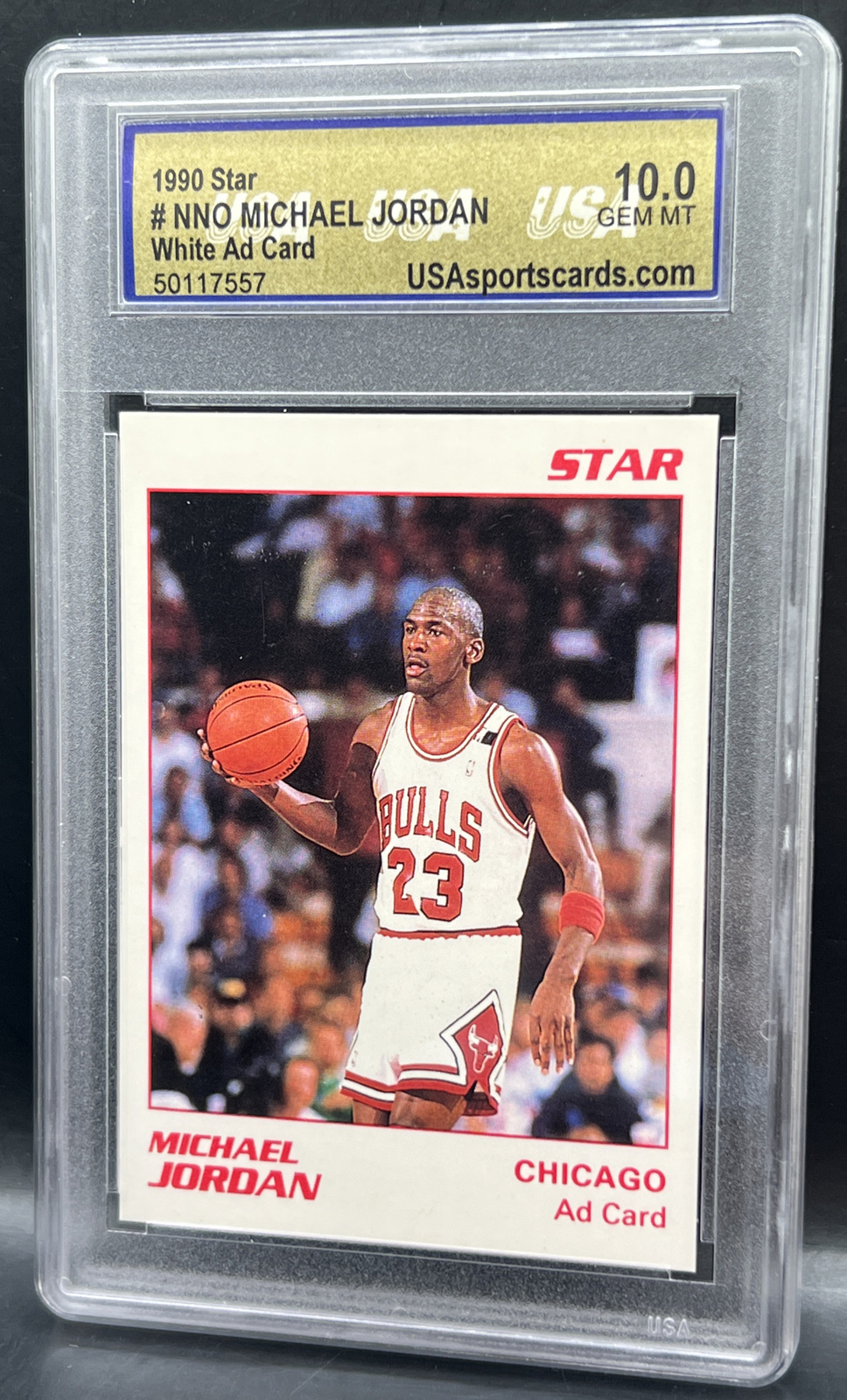 1990 Star Michael Jordan #NNO White Ad Card USA 10 GEM Mint Chicago Bulls