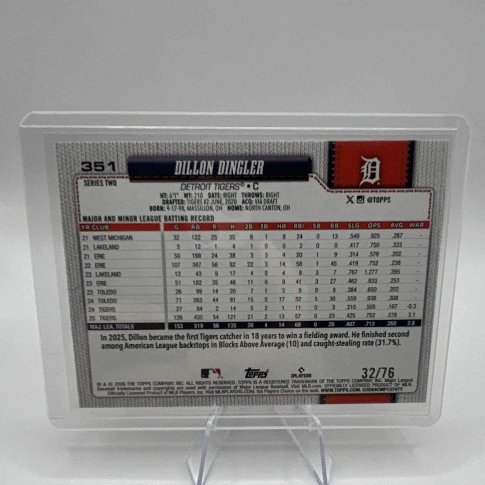 Topps 2025 Series Two Dillon Dingler Tigers #351 Vintage Stock 32/76