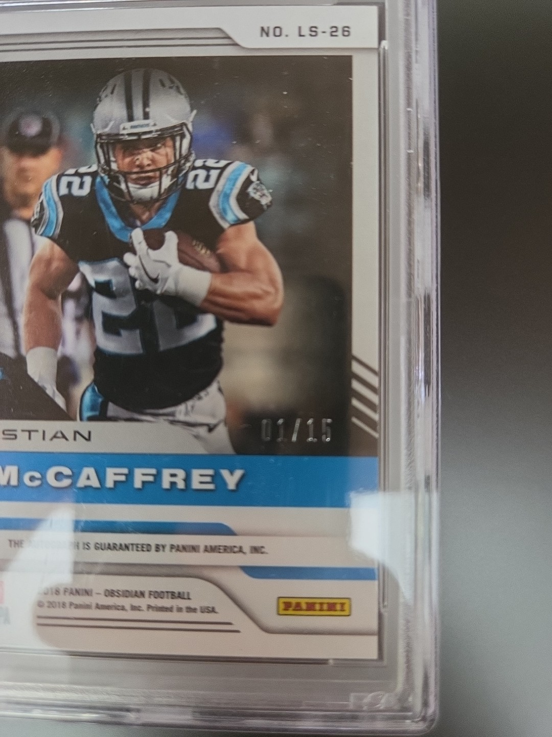 2018 Obsidian Lightning Strike Elec Etch Green Aut 1/15 Christian McCaffrey PSA9