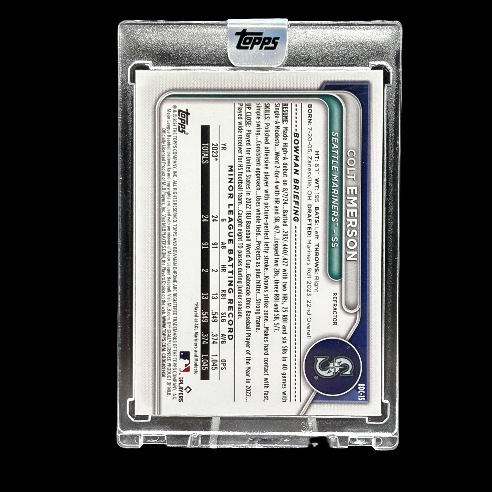 Colt Emerson RARE ROOKIE SEALED REFRACTOR ENCASED CARD SSP BOWMAN MARINERS MINT