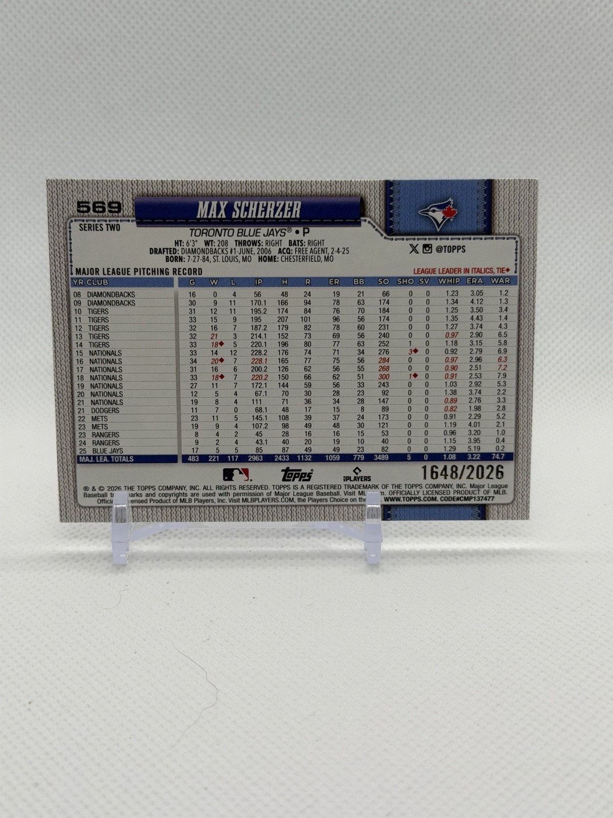 2026 Topps Max Scherzer Gold Parallel /2026 Blue Jays #569