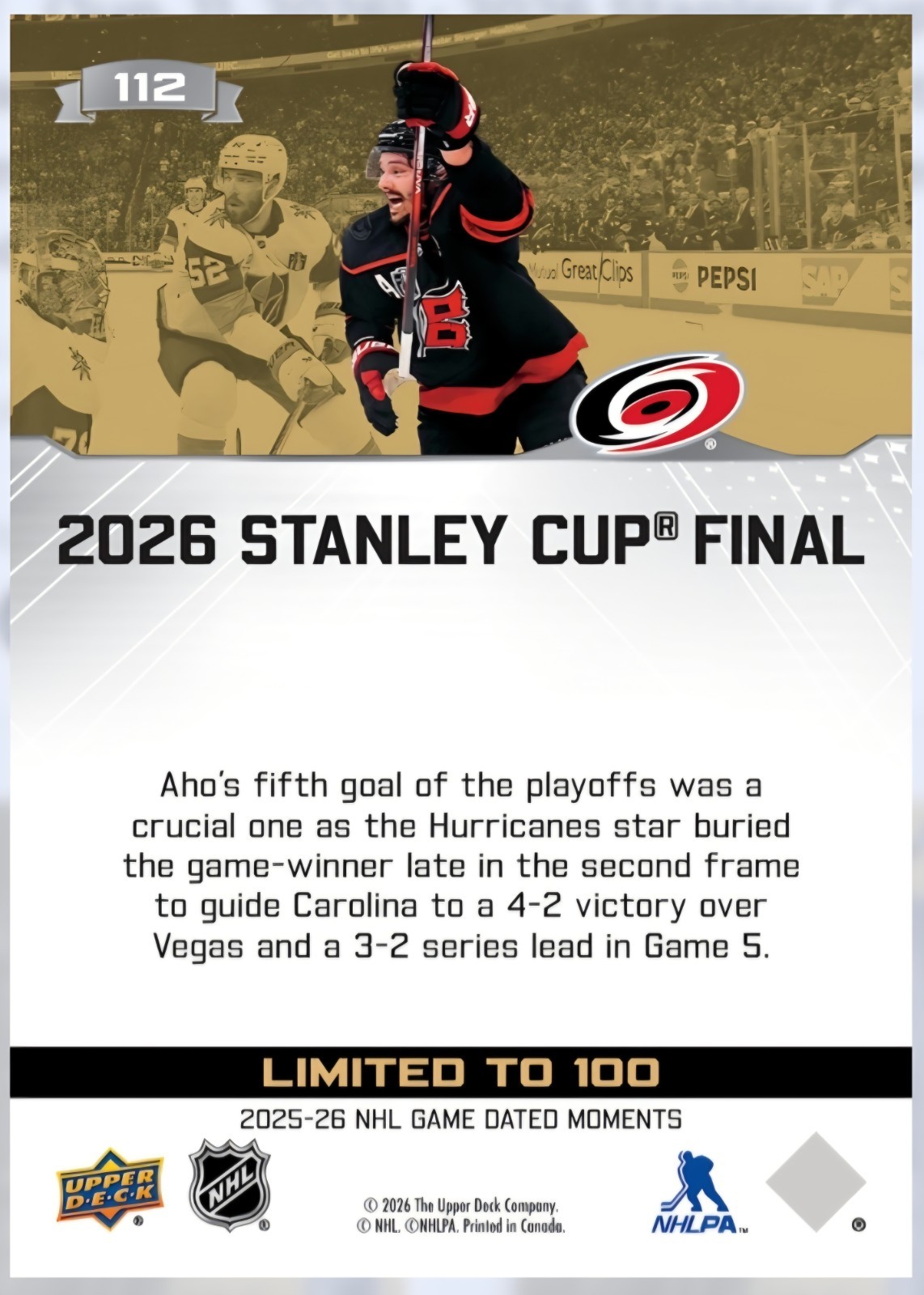 ePack Sebastian Aho 25-26 Upper Deck Game Dated Moments #112 GOLD /100 Epack