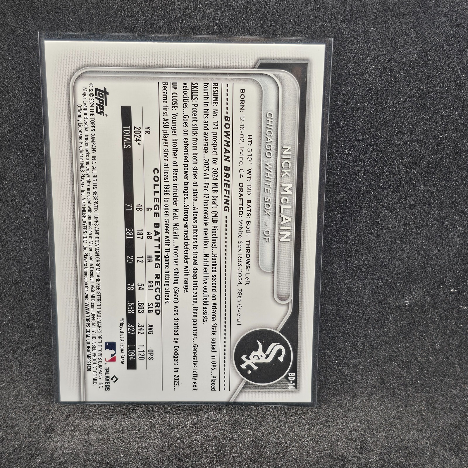 2024 Bowman Draft Paper Nick McLain Chicago White Sox #BD-14