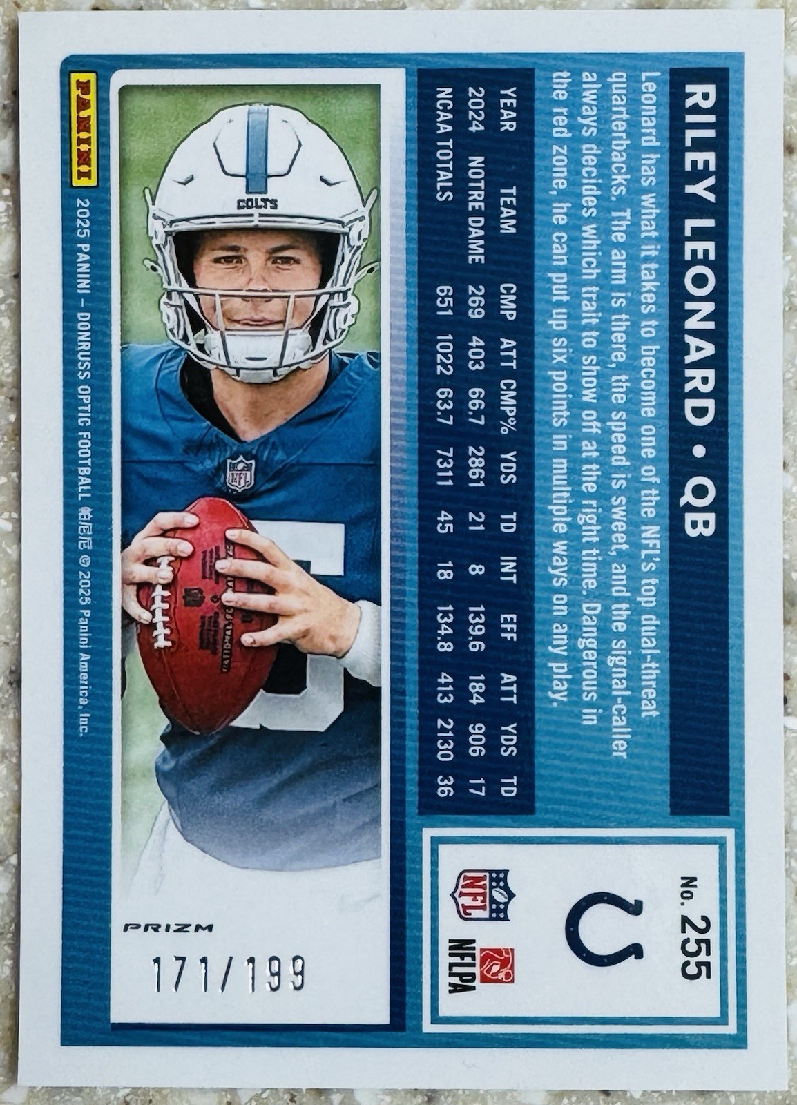 2025 Panini Donruss Optic Riley Leonard RR Neon Green Refractor #255 /199 Colts