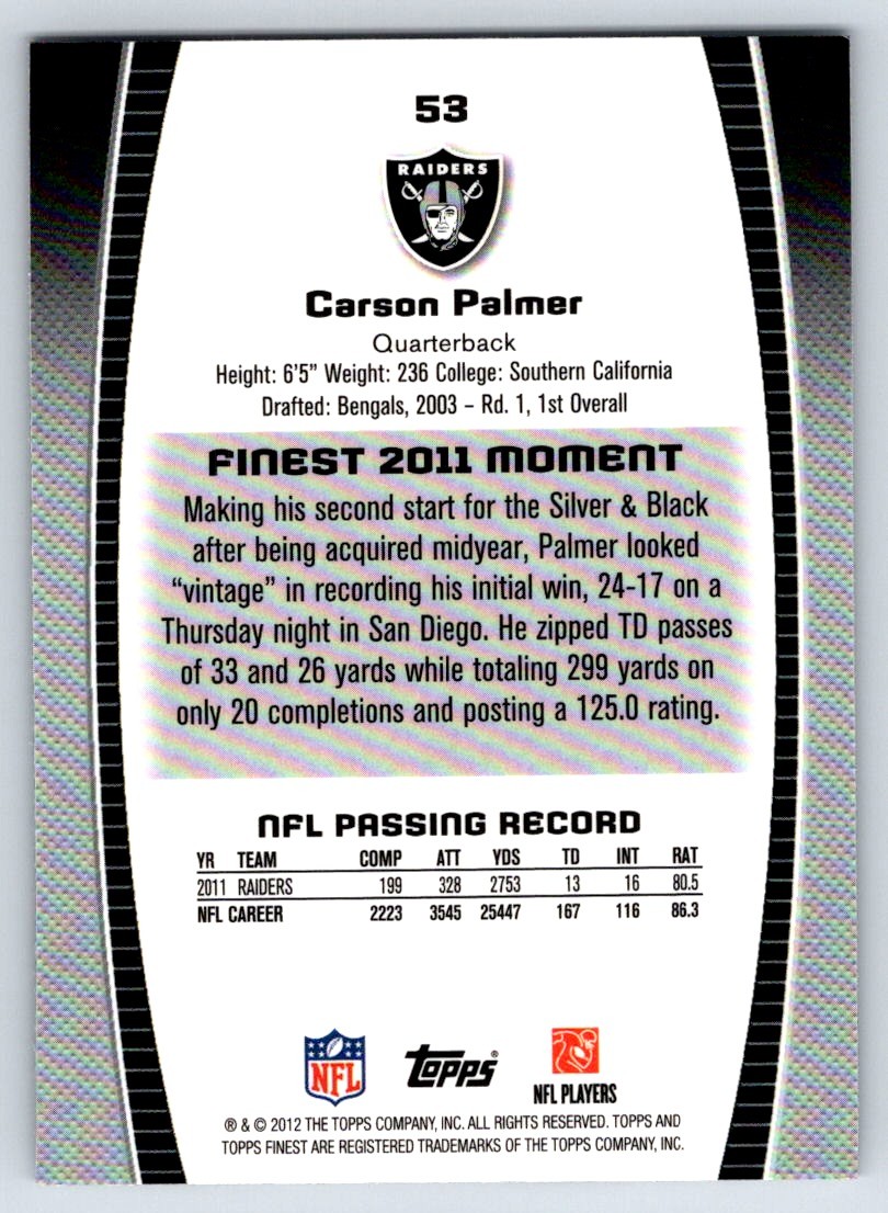 2012 Finest 53 Carson Palmer Oakland Raiders Football Card