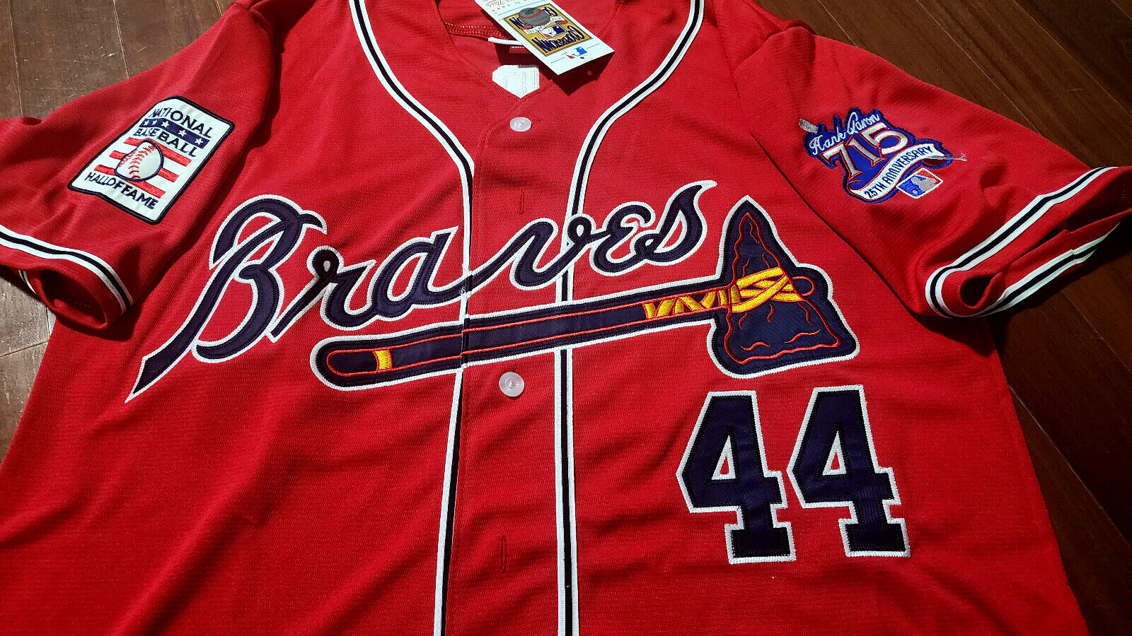 Brand New! Atlanta Braves #44 Hank Aaron Cooperstown 2patch sewn Jersey Red Mens