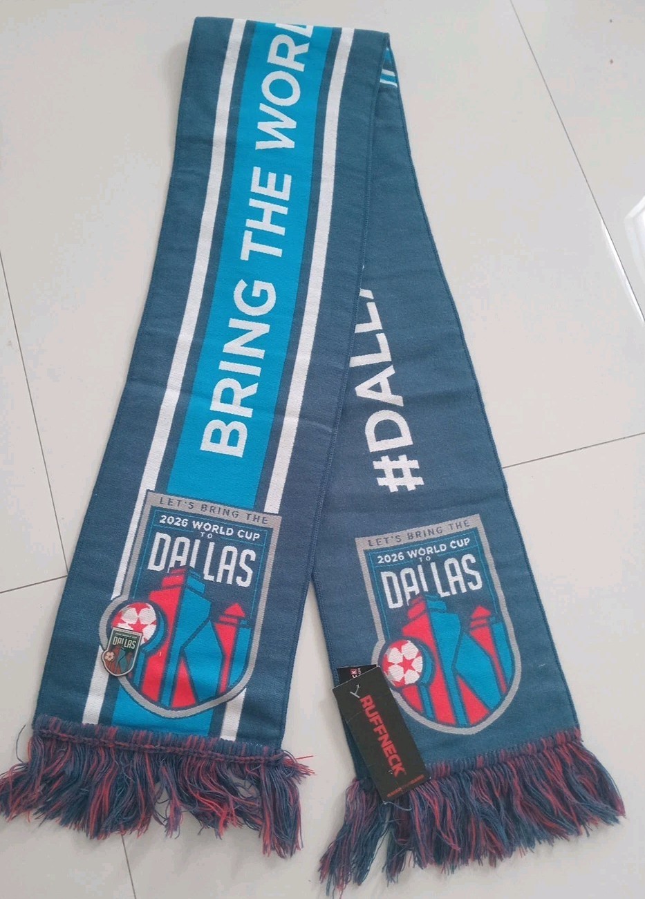 New RUFFNECK knit soccer scarf “Let’s Bring the 2026 World Cup to Dallas”