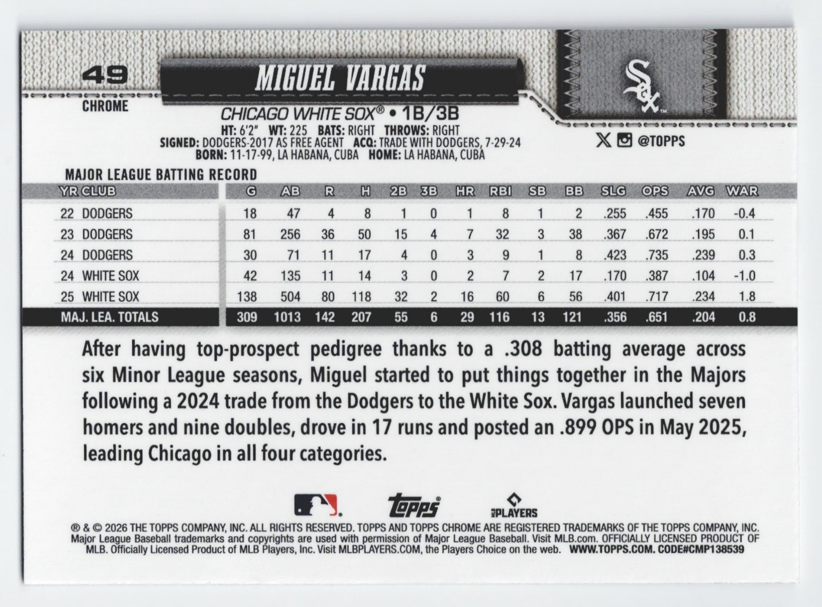 2026 Topps Chrome Miguel Vargas Negative Refractor Parallel #49 White Sox
