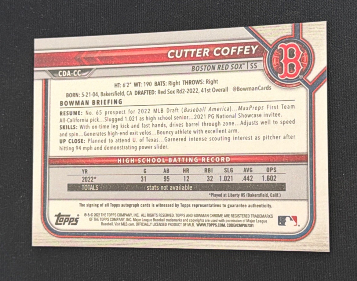 2022 Bowman Draft Chrome Draft Pick Auto Cutter Coffey #CDA-CC Boston Red Sox RC