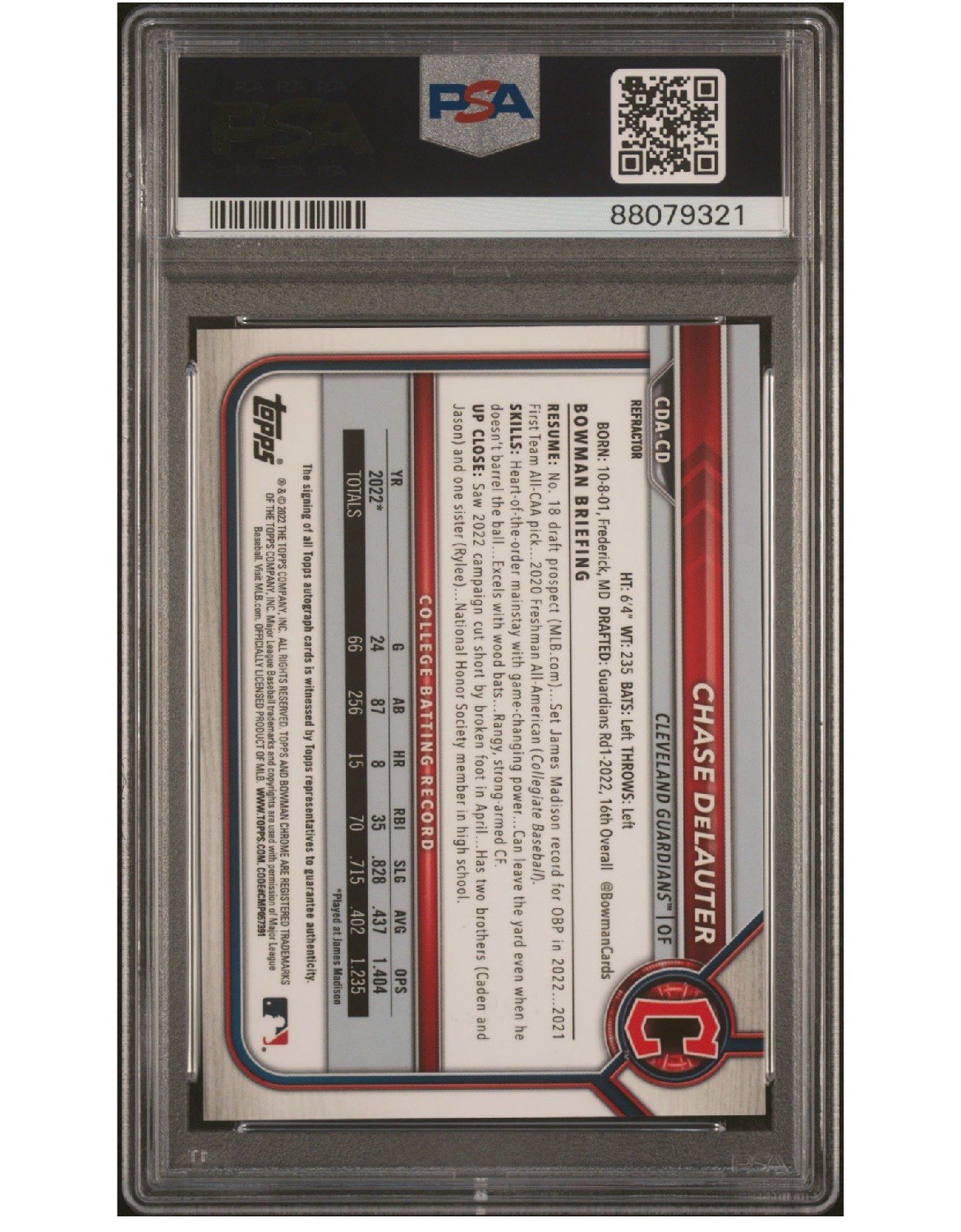 2022 Bowman Draft – PSA 9 Chase DeLauter Chrome Draft Pick Autographs #CDA-CD