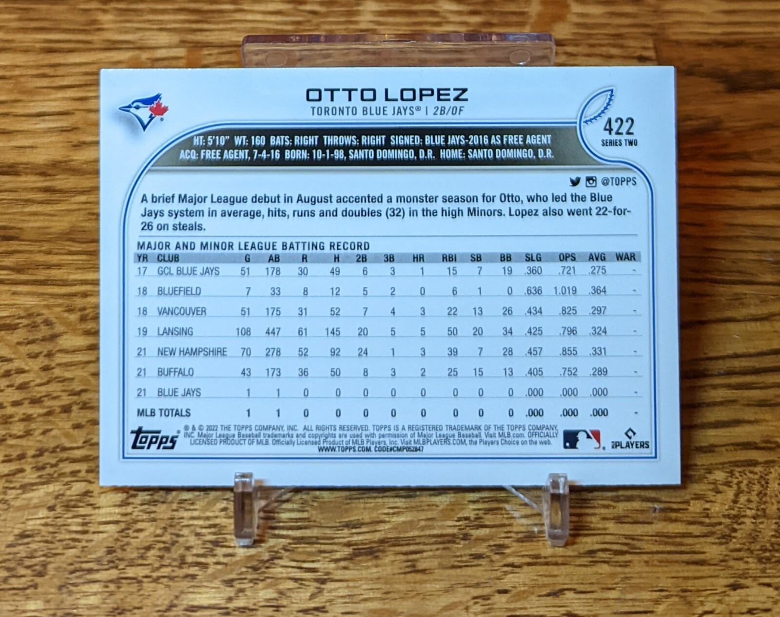 Otto Lopez Rookie Card RC 2022 Topps Series 2 #422 Flagship Baseball Blue Jays