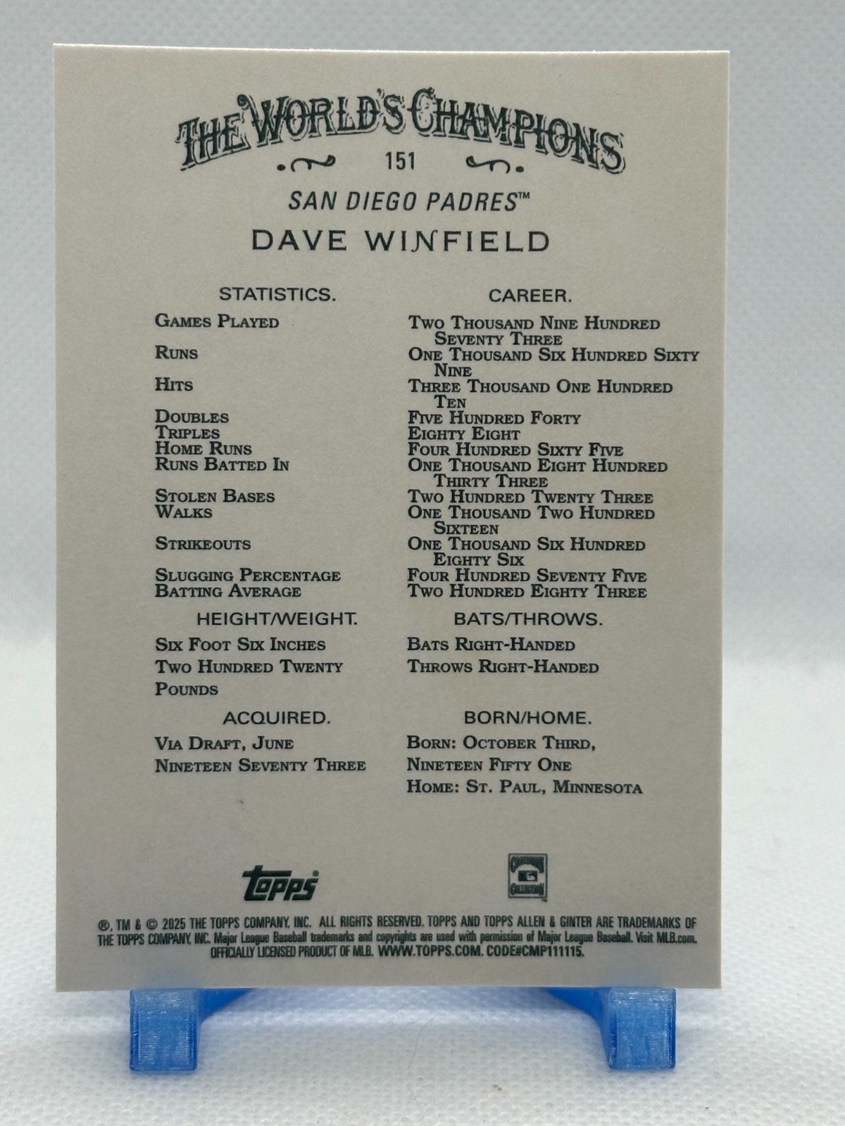 Dave Winfield 2025 Topps Allen & Ginter #151 – San Diego Padres