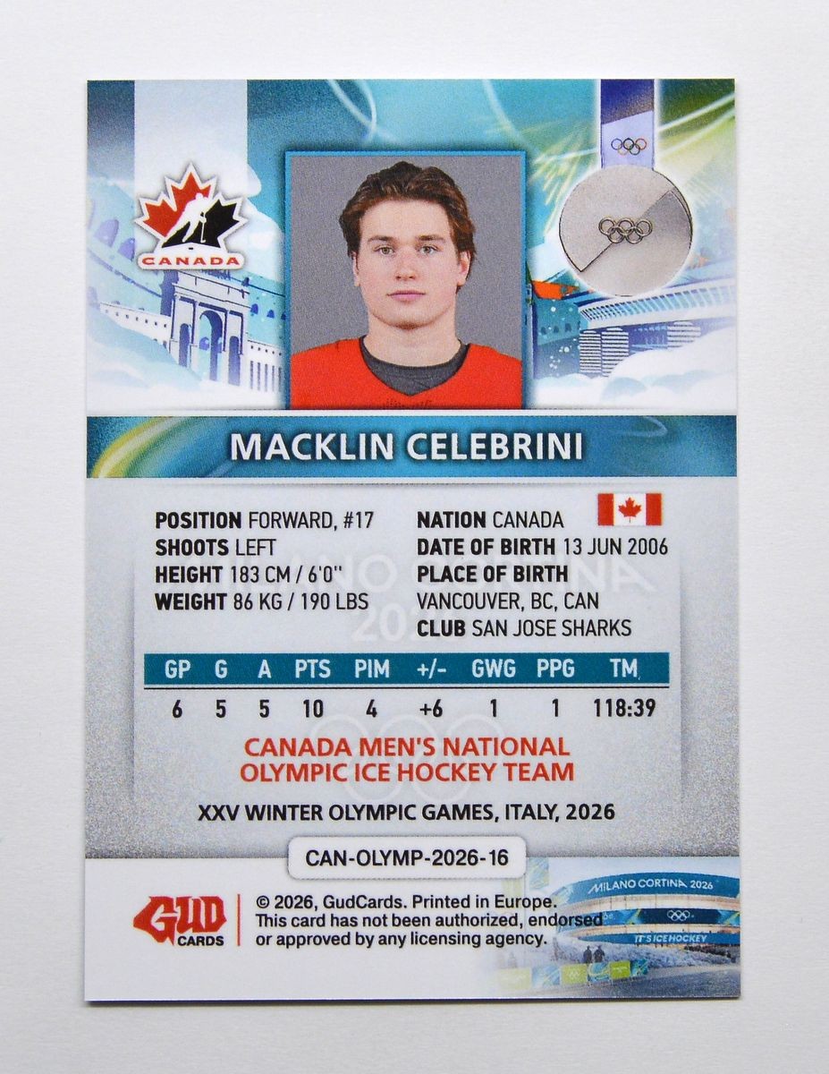 2026 GudCards Olympics Team Canada #16 Macklin Celebrini