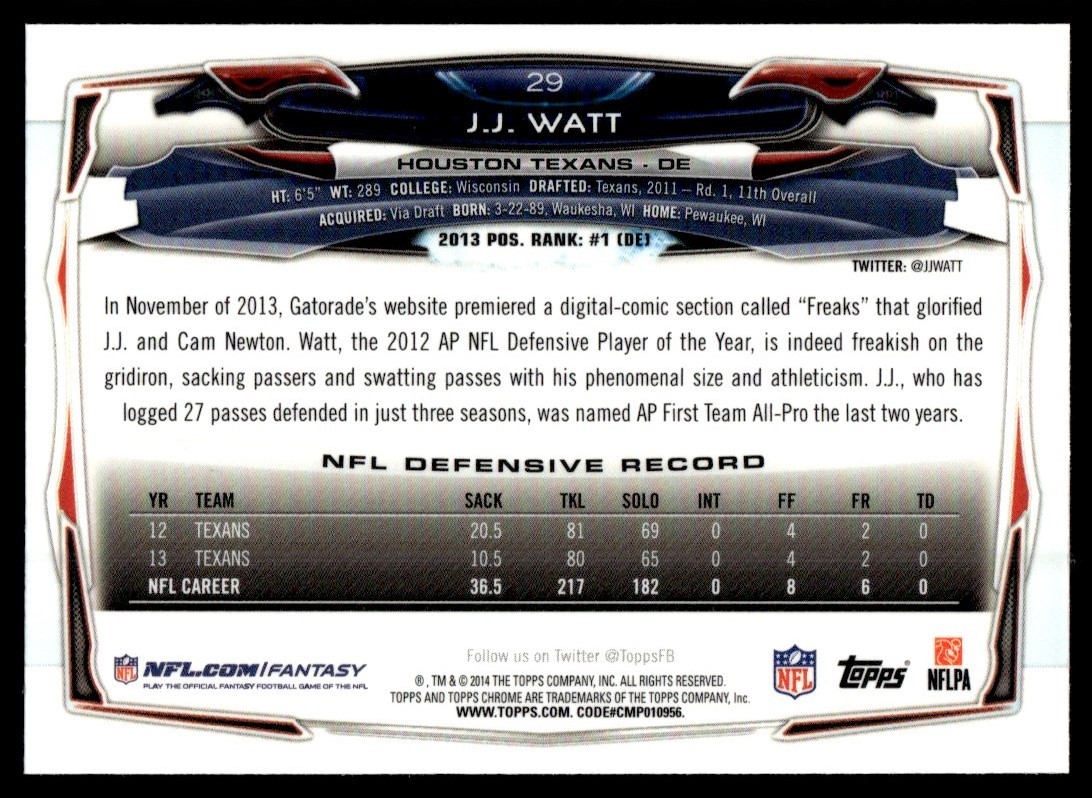 2014 Topps Chrome Purple Refractors J.J. Watt Houston Texans #29