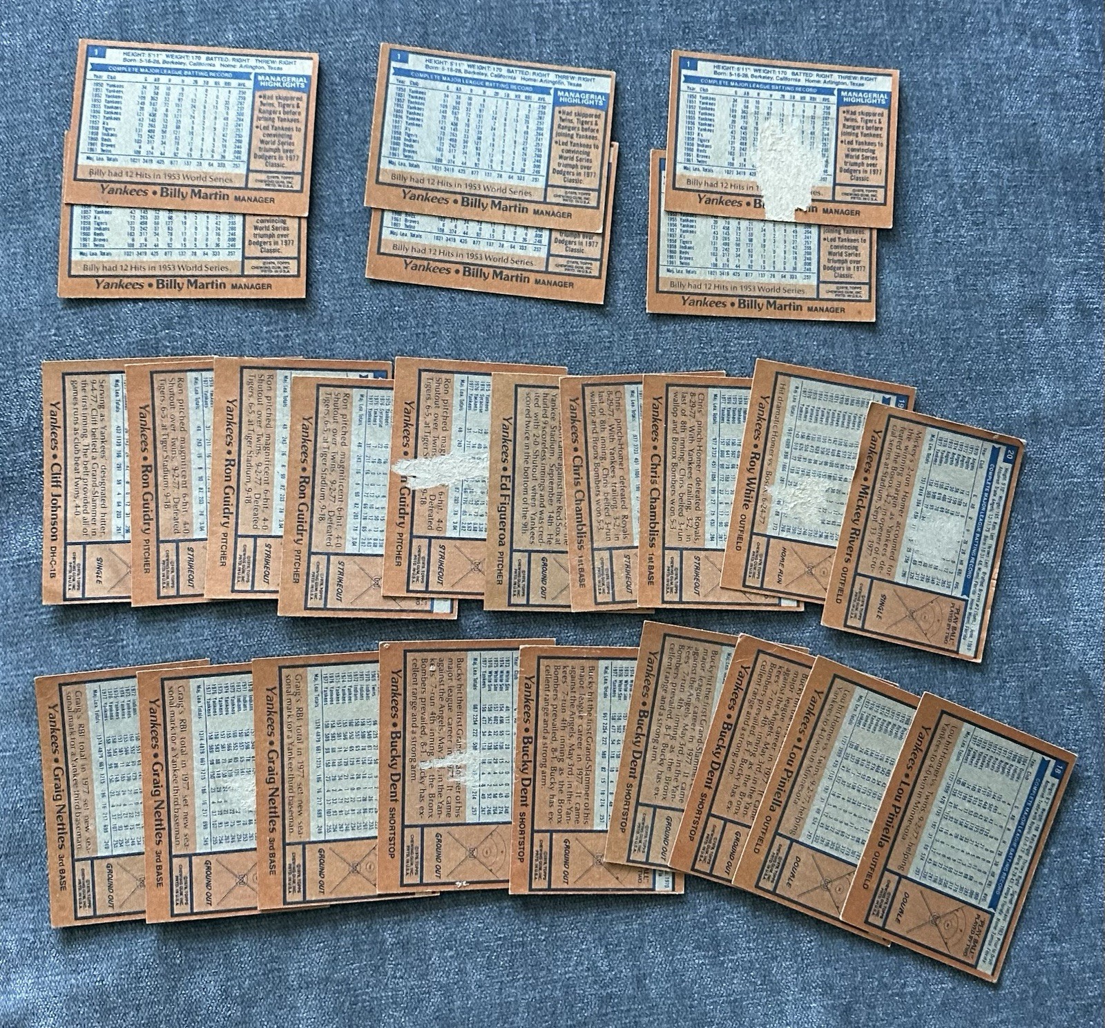Lot of 25 Assorted 1978 Topps Burger King NY Yankees Cards w/ 6 Billy Martin