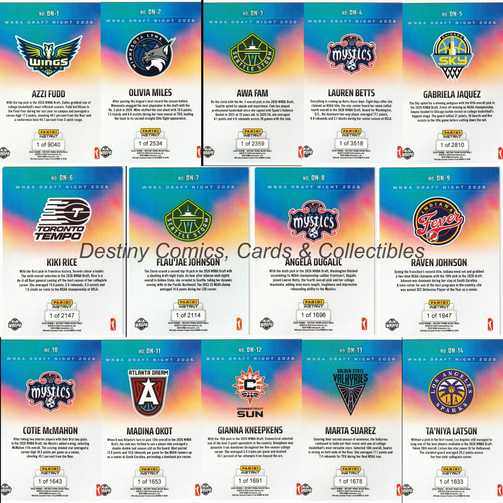 2026 Panini WNBA Draft Night Rookie Cards DN-1 – DN-14 Singles U Pick IN HAND