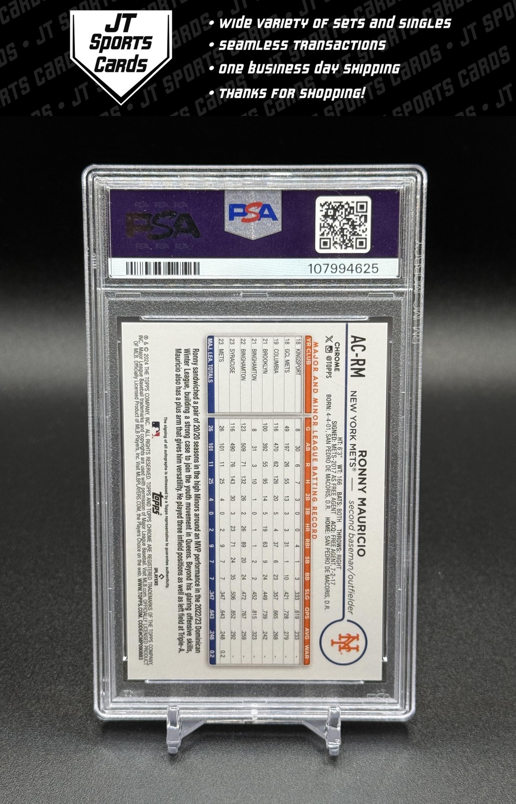 2024 Topps Chrome Update Ronny Mauricio AC-RM RC Blue Refractor Auto /150 PSA 10