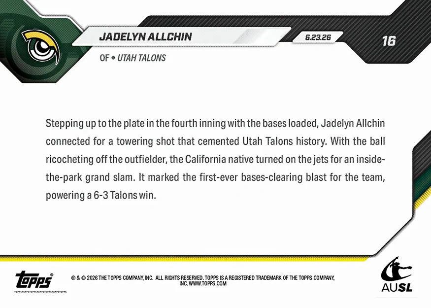 2026 Topps Now AUSL Softball 16, 17, 18, 19 Allchin, Edenfield, Lassiter Presale