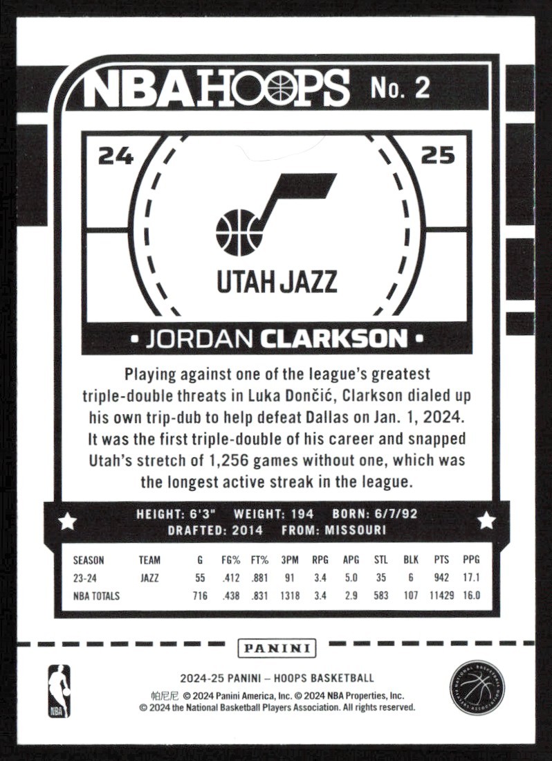 2024-25 NBA Hoops Panini Jordan Clarkson Utah Jazz #2