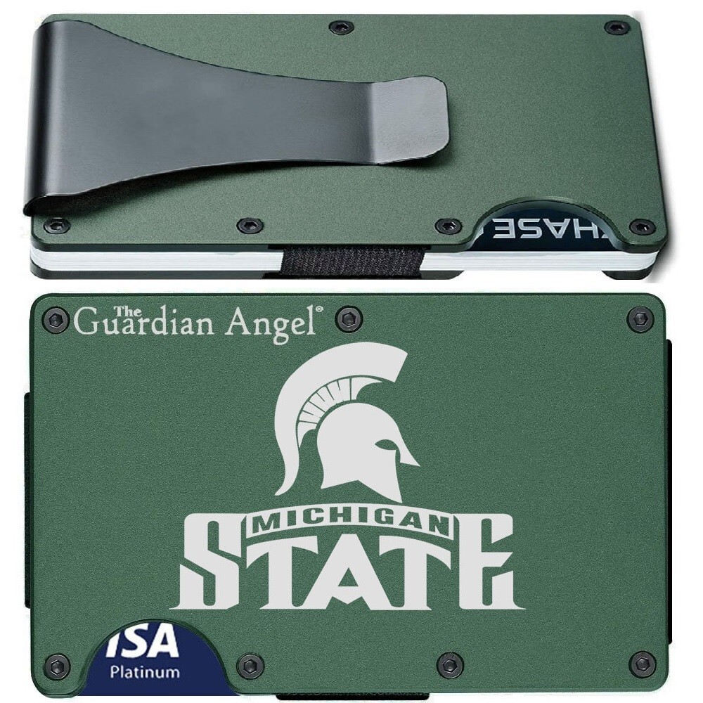 Michigan State Spartans Engraved Titanium Green RFID Blocking Wallet w Clip D7