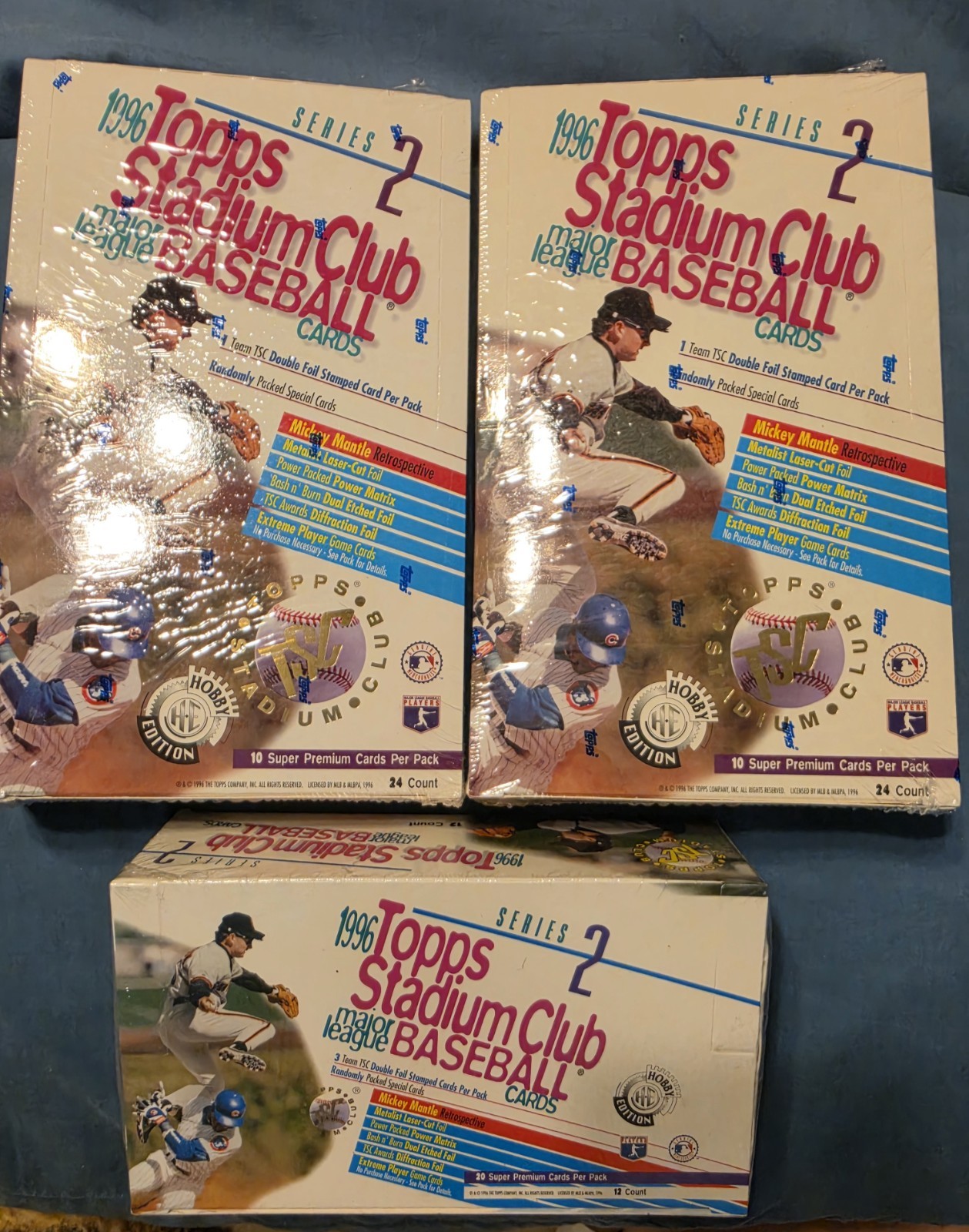 3x 1996 Topps Stadium Club Series 2 – 2x Hobby Regular & 1x Jumbo HTA Mantle