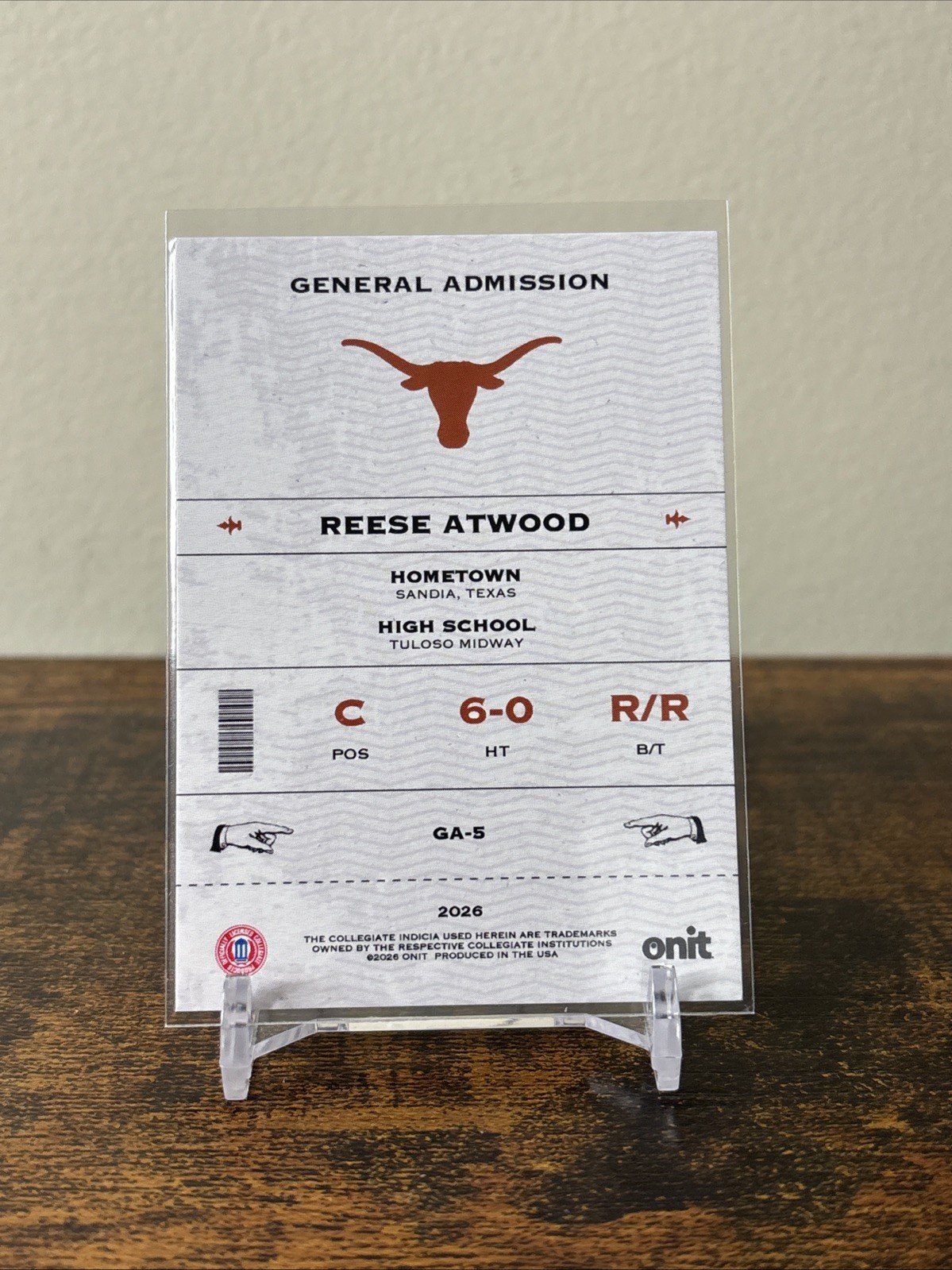 Onit 2026 General Admission Insert Reese Atwood GA-5 Texas Longhorns Baseball