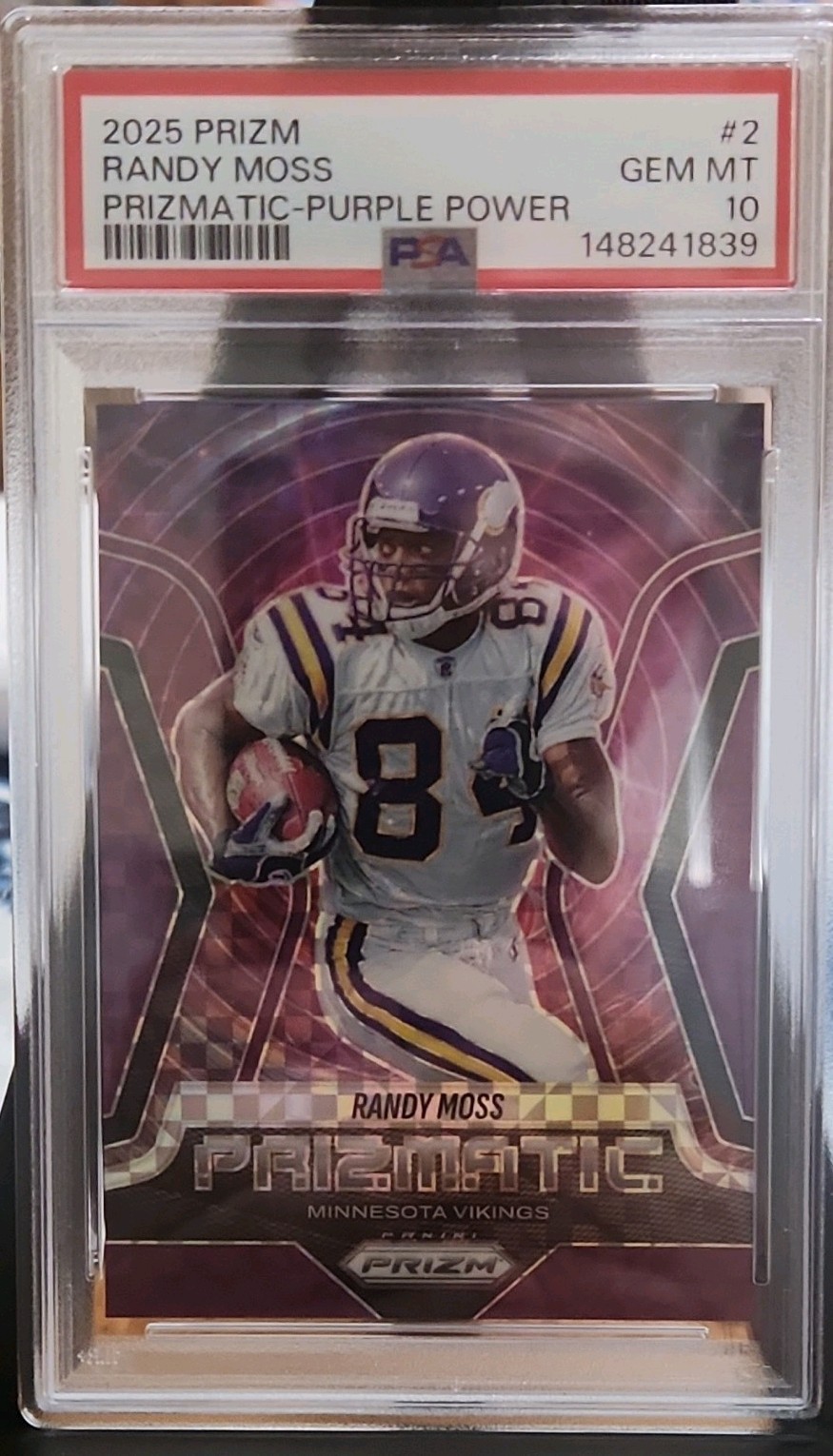 Panini 2025 Prizm Prizmatic Randy Moss Vikings Purple Power #2 PSA 10 24/49