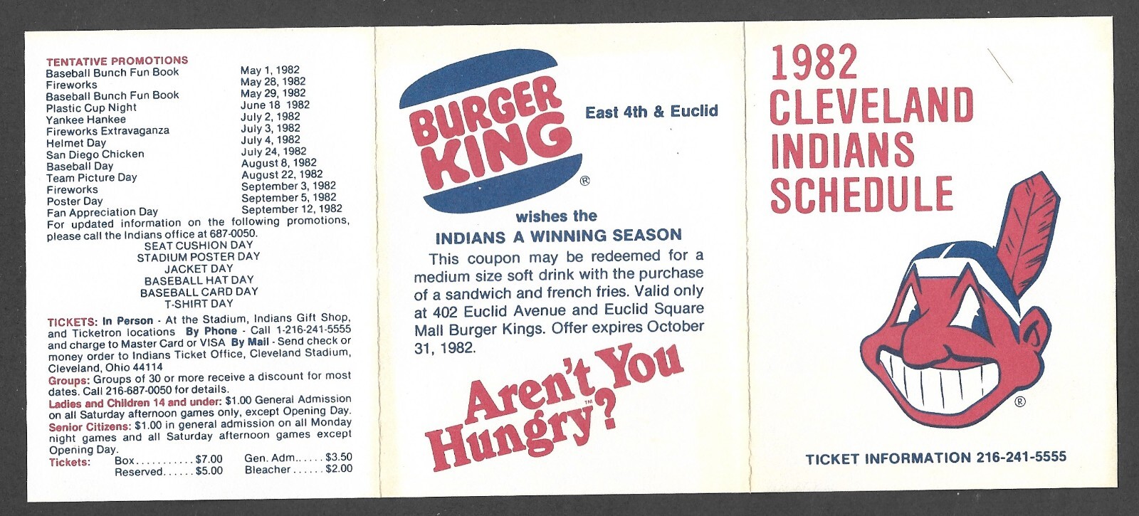 1982 CLEVELAND INDIANS Burger King Regular Season POCKET SCHEDULE NM-MINT