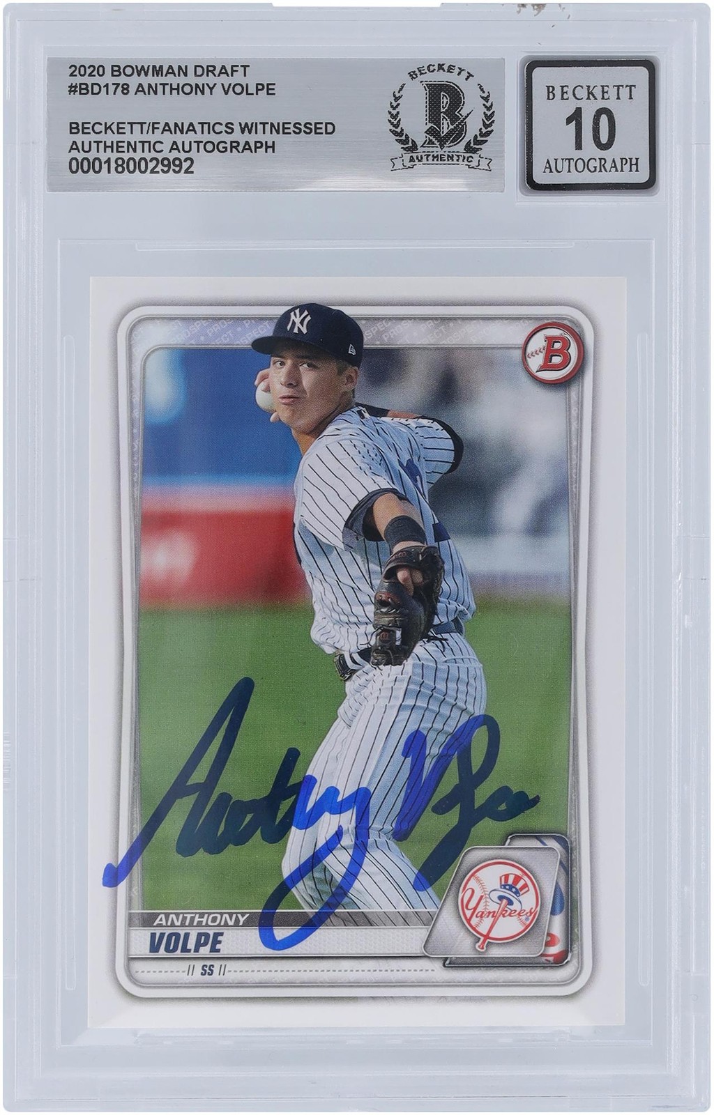 Anthony Volpe New York Yankees Signed 2020 Bowman Draft #BD-178 Beckett 10 Card