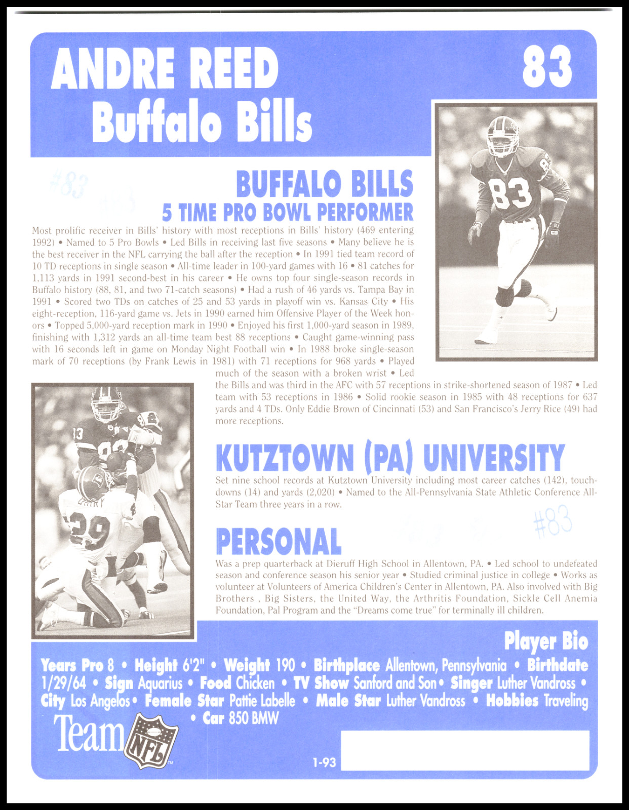 1992/93 Intimidator Bio Sheet NFL Football Card Complete Sealed Set