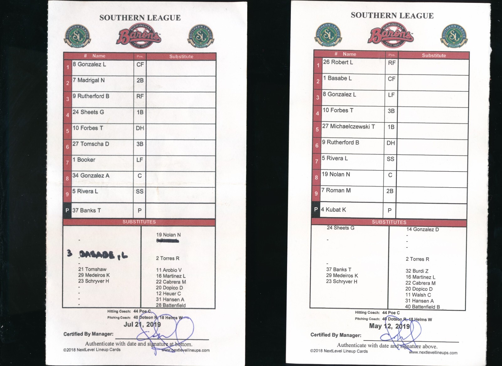 2019 Game Used Lineup card signed autograph Omar Vizquel Birmingham Barons