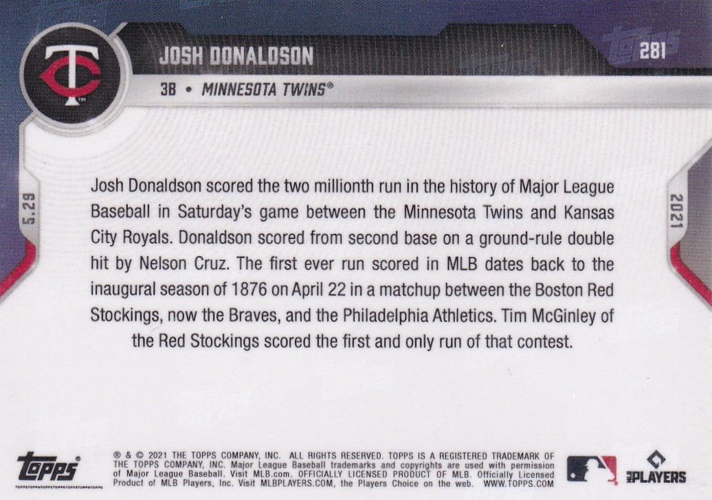 2021 TOPPS NOW #281 JOSH DONALDSON- MINNESOTA TWINS