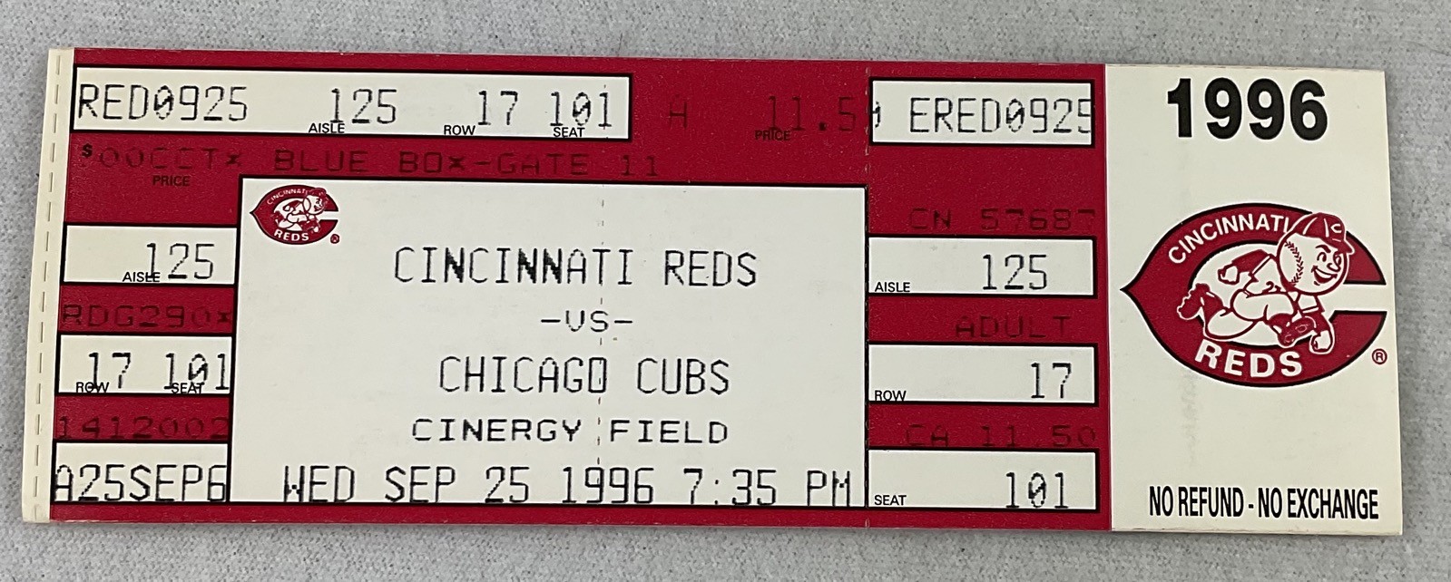 MLB 1996 09/25 Chicago Cubs at Cincinnati Reds FULL Ticket-Dave Burba WP