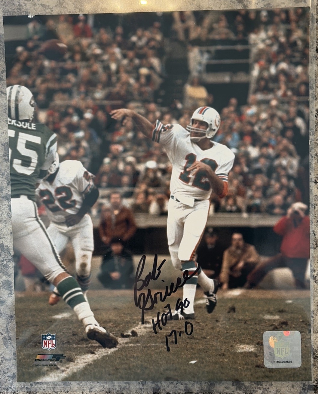 Bob Griese Miami Dolphins Autographed 8×10 With NFL File COA “HOF 70” “17-0”