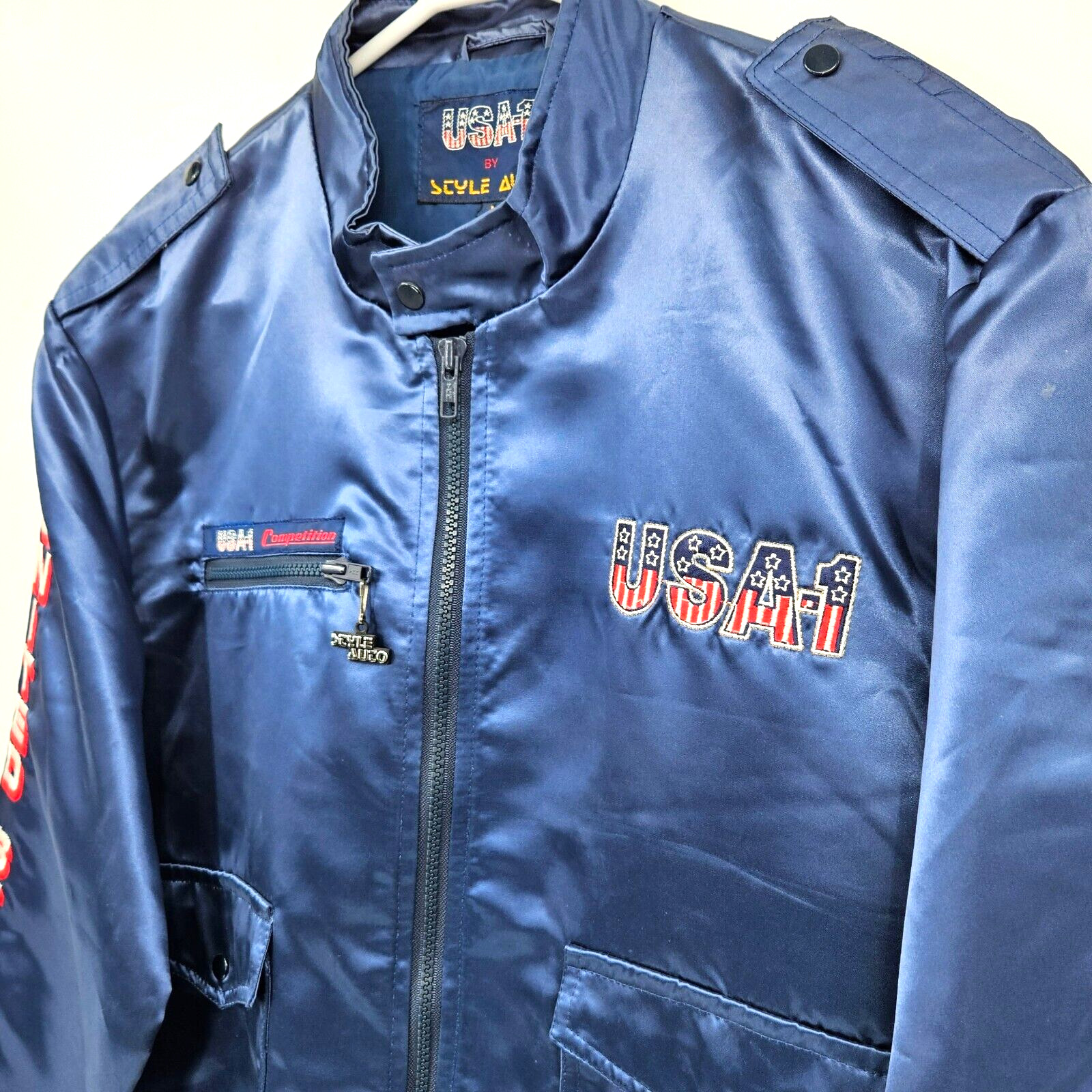 Vtg 1984 Style Auto USA-1 Competition LA Olympics Satin Bomber Racing Jacket M