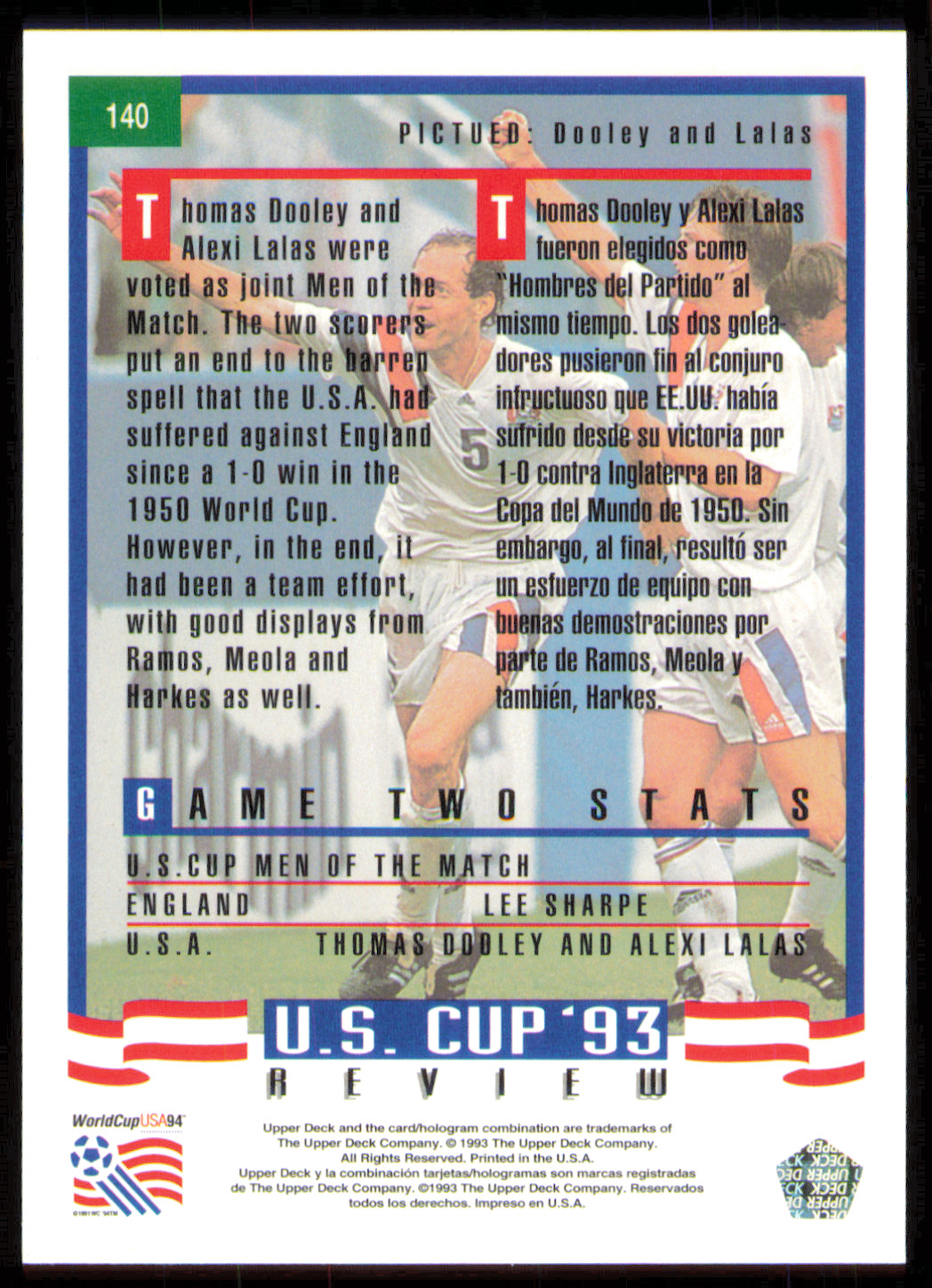 1993 Upper Deck World Cup 94 Preview English/Spanish Alexi Lalas #140 (RC)