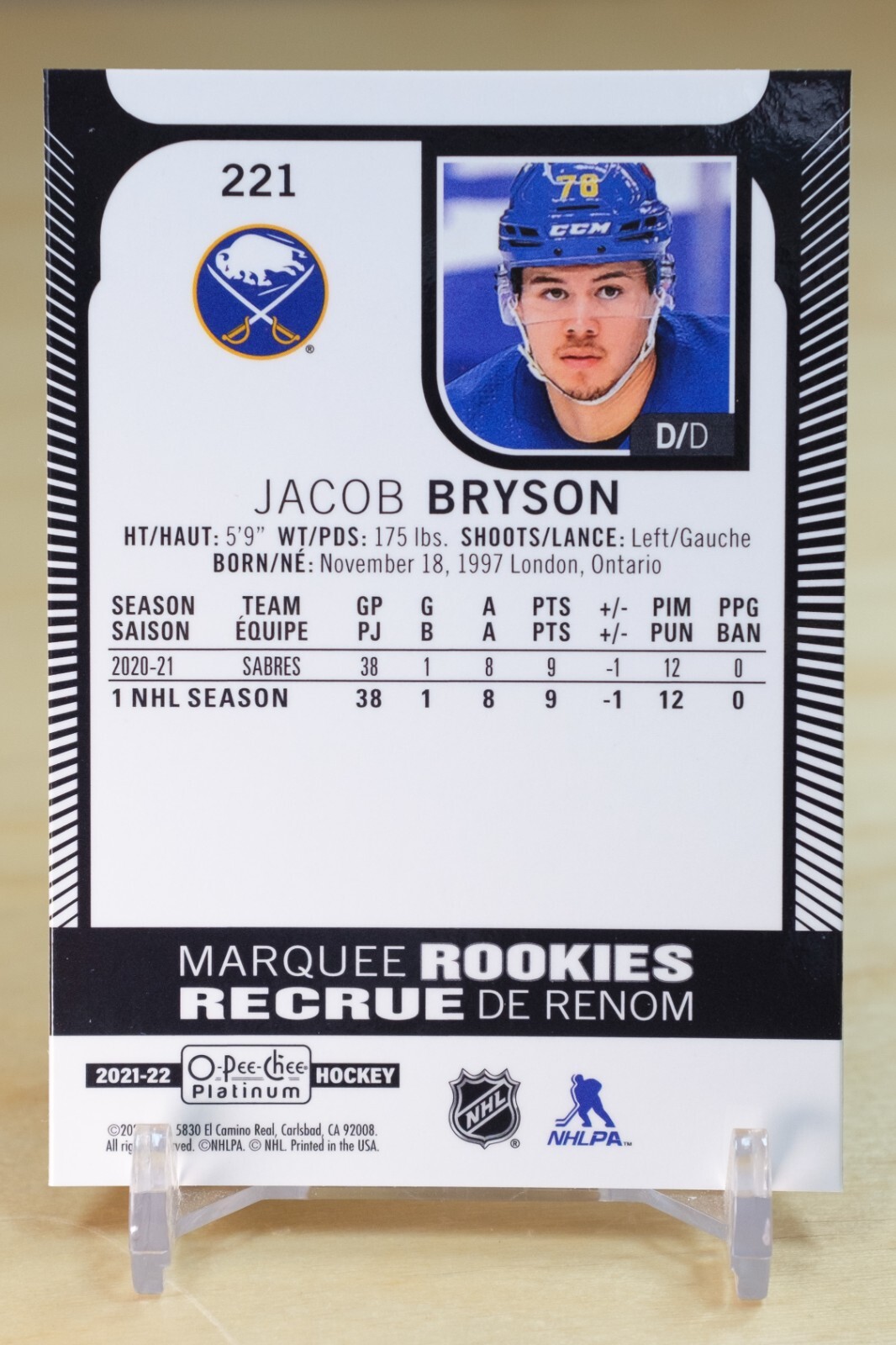 2021-22 OPC Platinum Marquee Rookies #221 Jacob Bryson – Buffalo Sabres