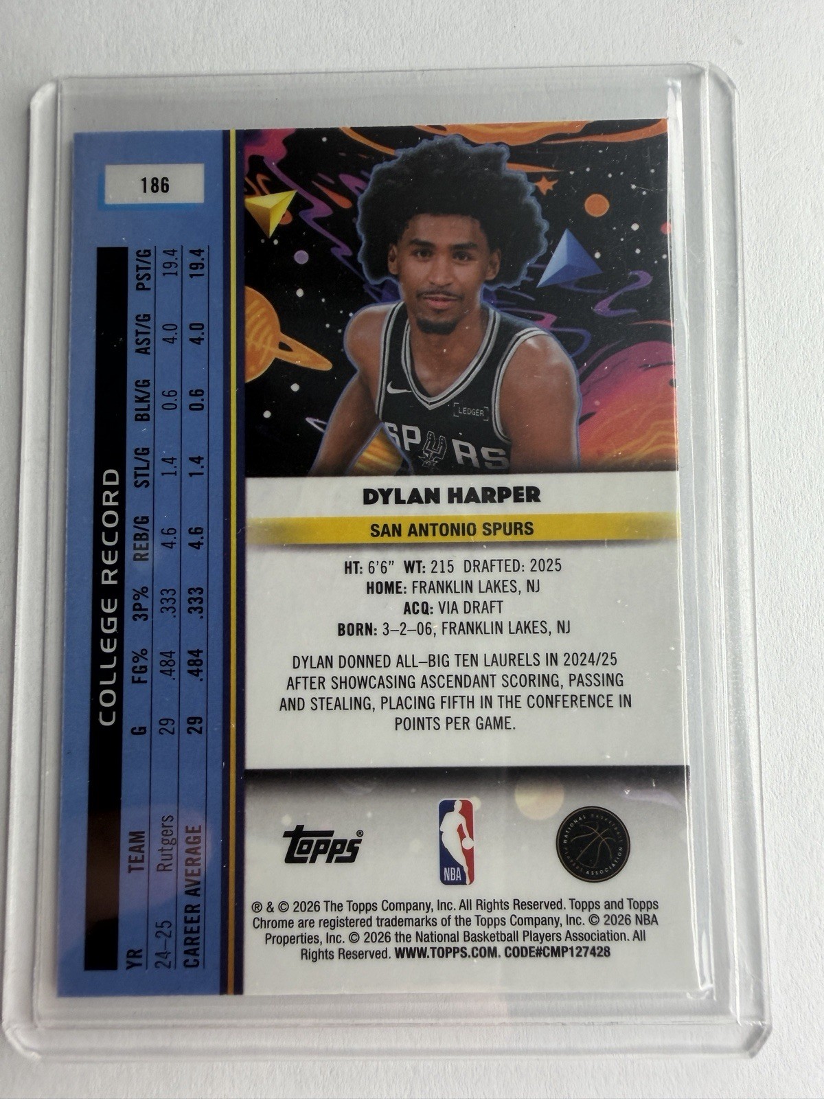 2025-26 Topps Cosmic Chrome Dylan Harper Base 186 Rookie San Antonio Spurs READ