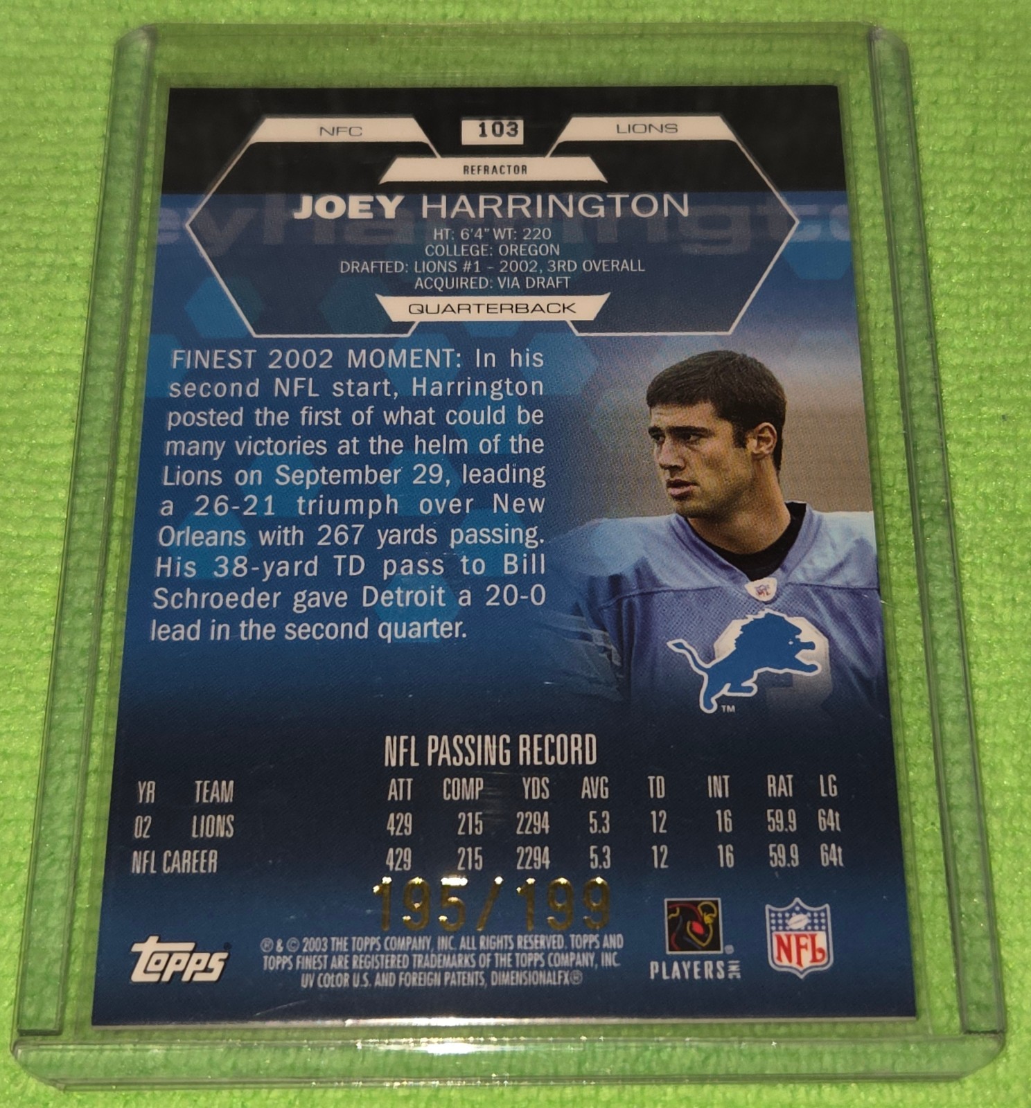 2003 Topps Finest JOEY HARRINGTON Game Worn Jersey Refractor #’d 195/199 Lions