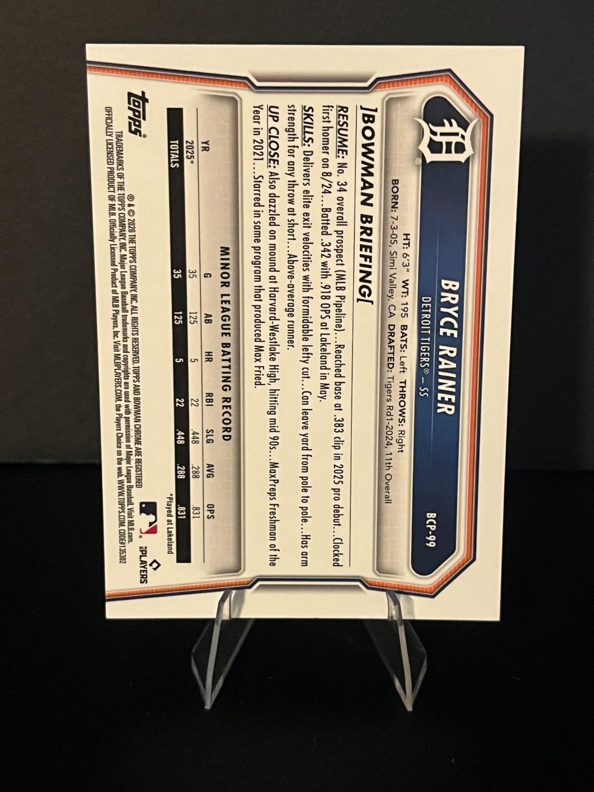 BRYCE RAINER – 2026 BOWMAN – CHROME PROSPECTS – BLACK X-FRACTOR /10 (RC) BOOKEND